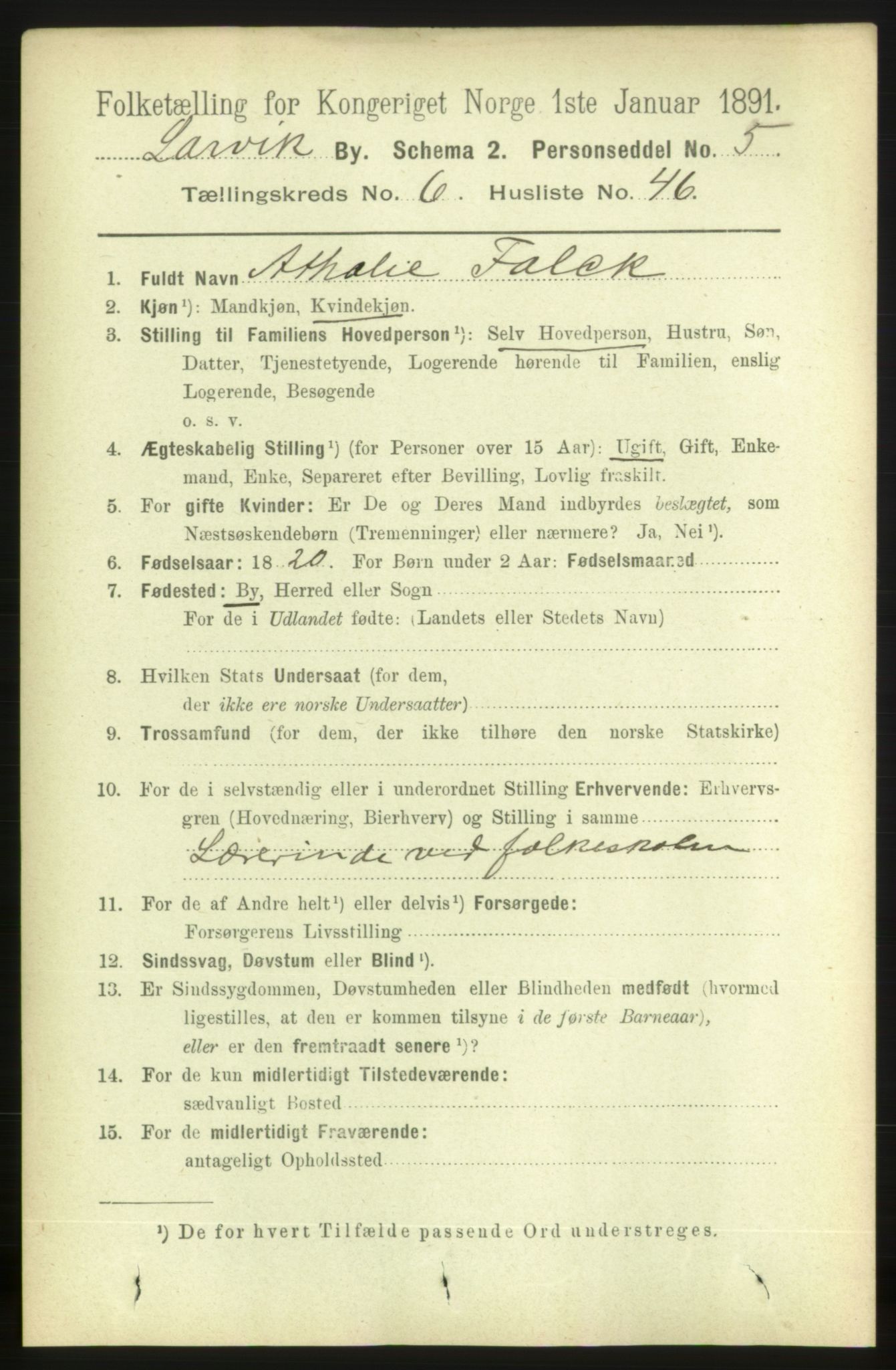 RA, 1891 census for 0707 Larvik, 1891, p. 7130