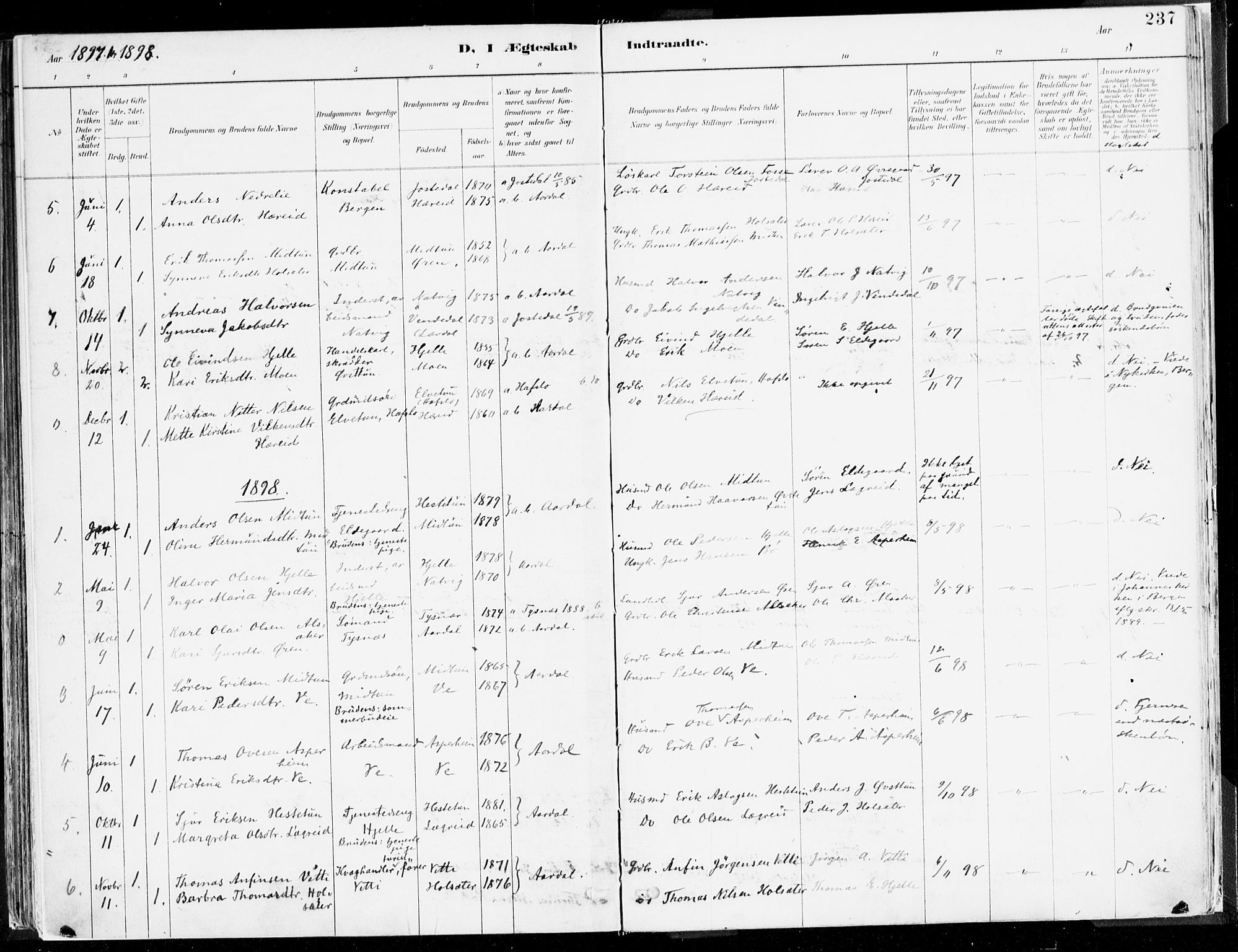 Årdal sokneprestembete, SAB/A-81701: Parish register (official) no. A 5, 1887-1917, p. 237