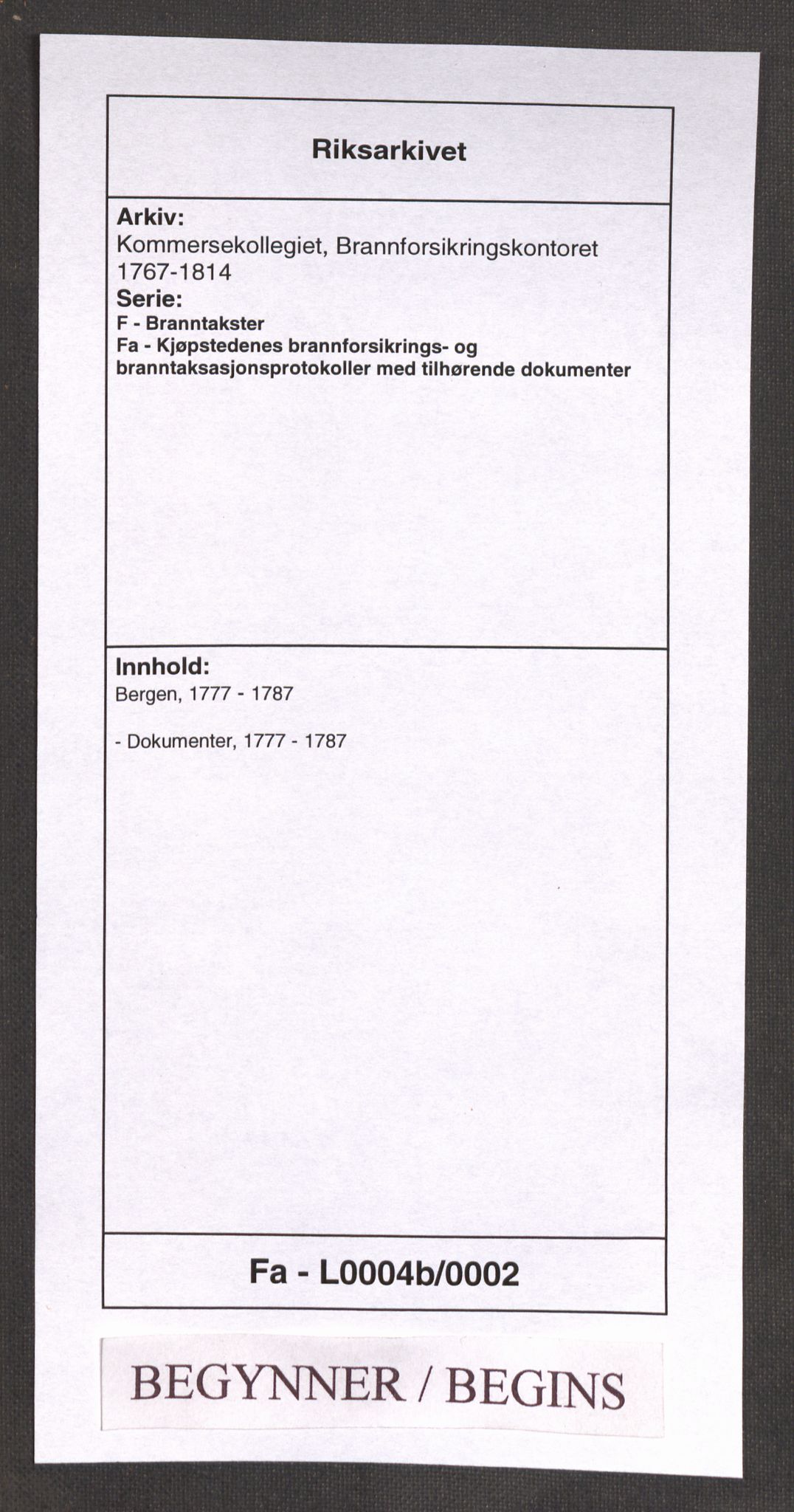 Kommersekollegiet, Brannforsikringskontoret 1767-1814, AV/RA-EA-5458/F/Fa/L0004b/0002: Bergen / Dokumenter, 1777-1787