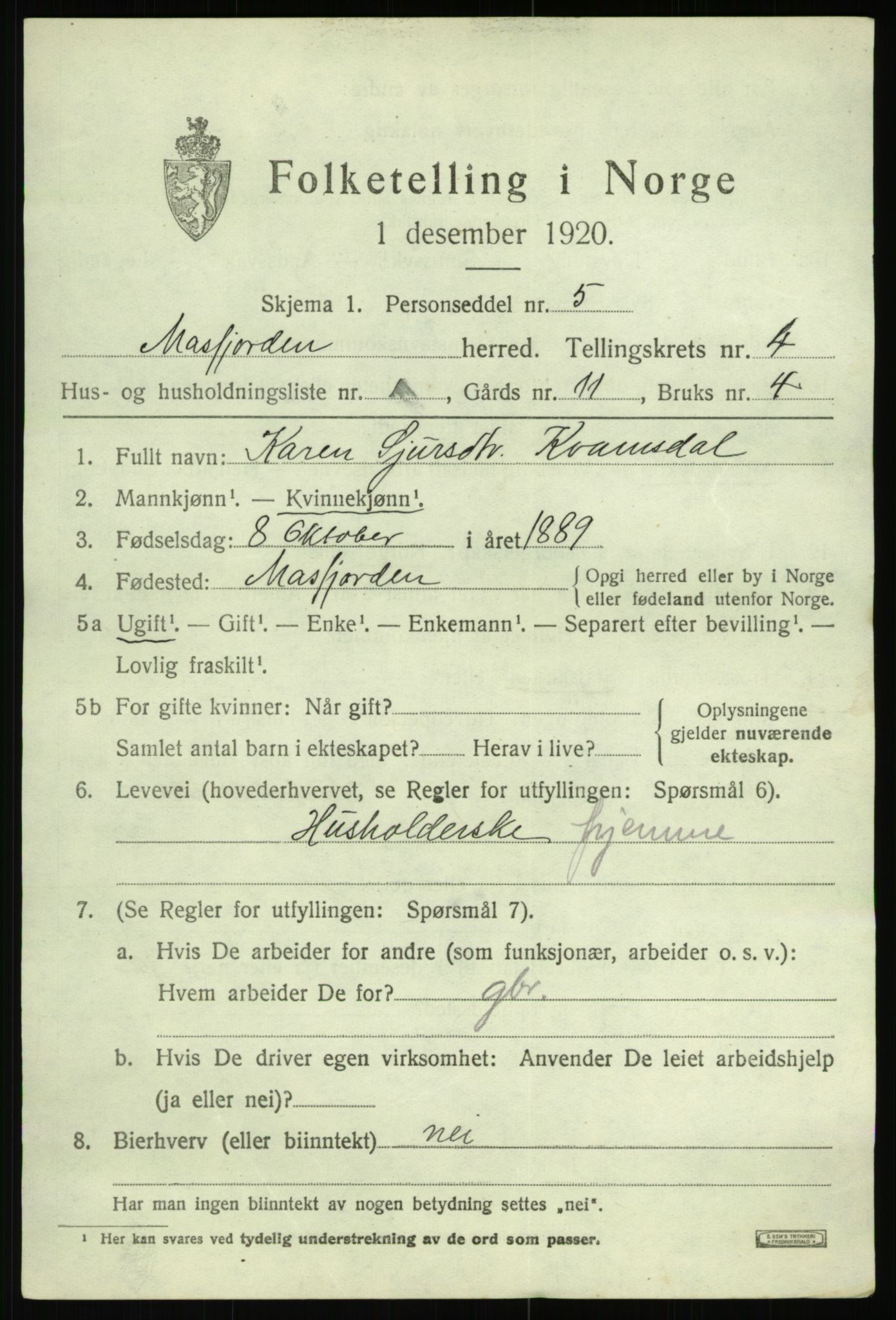 SAB, 1920 census for Masfjorden, 1920, p. 1681