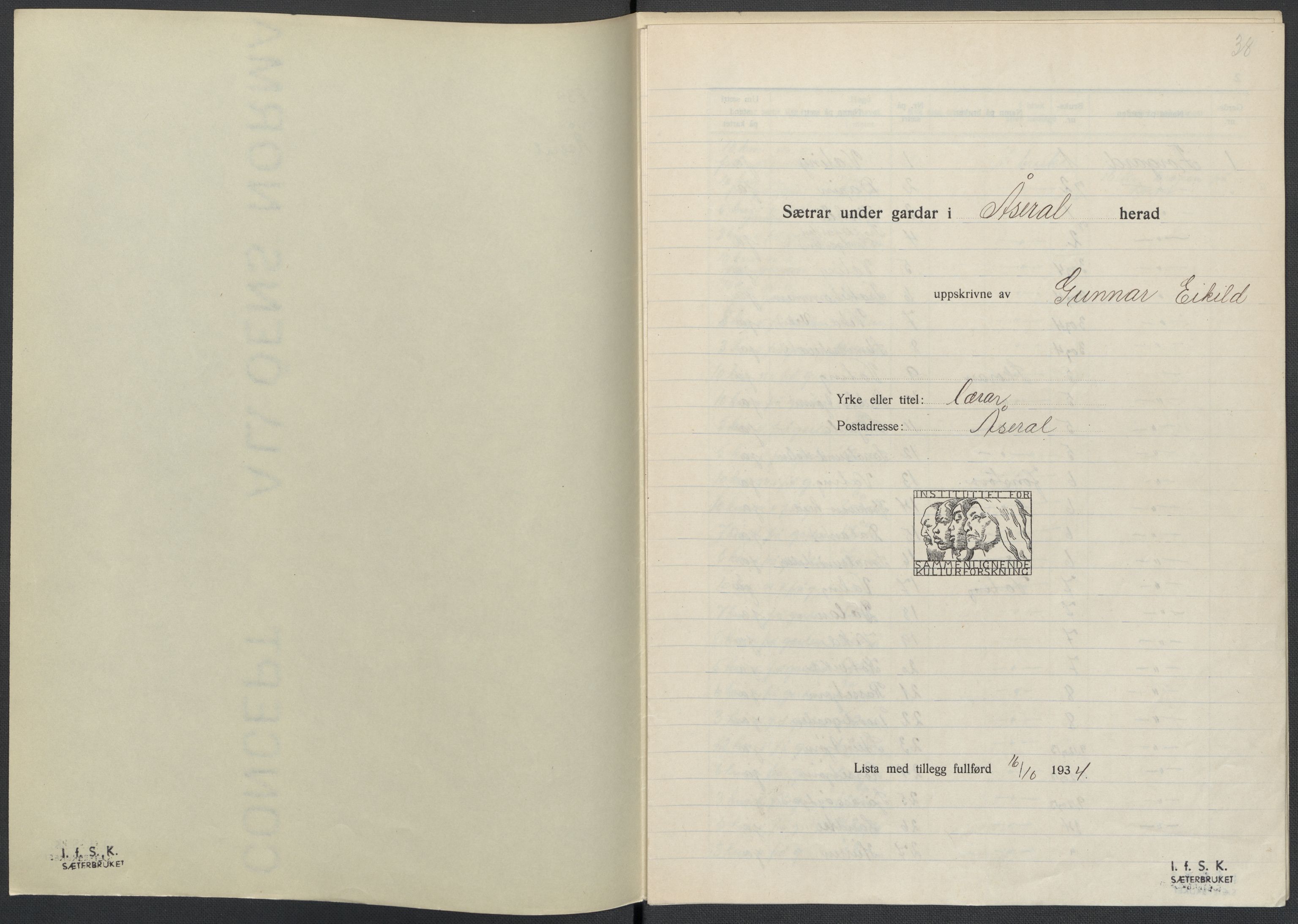 Instituttet for sammenlignende kulturforskning, AV/RA-PA-0424/F/Fc/L0008/0003: Eske B8: / Vest-Agder (perm XXI), 1932-1935, p. 38