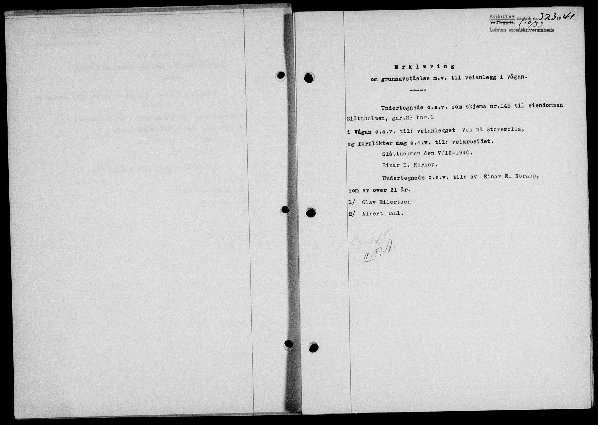 Lofoten sorenskriveri, SAT/A-0017/1/2/2C/L0008a: Mortgage book no. 8a, 1940-1941, Diary no: : 323/1941
