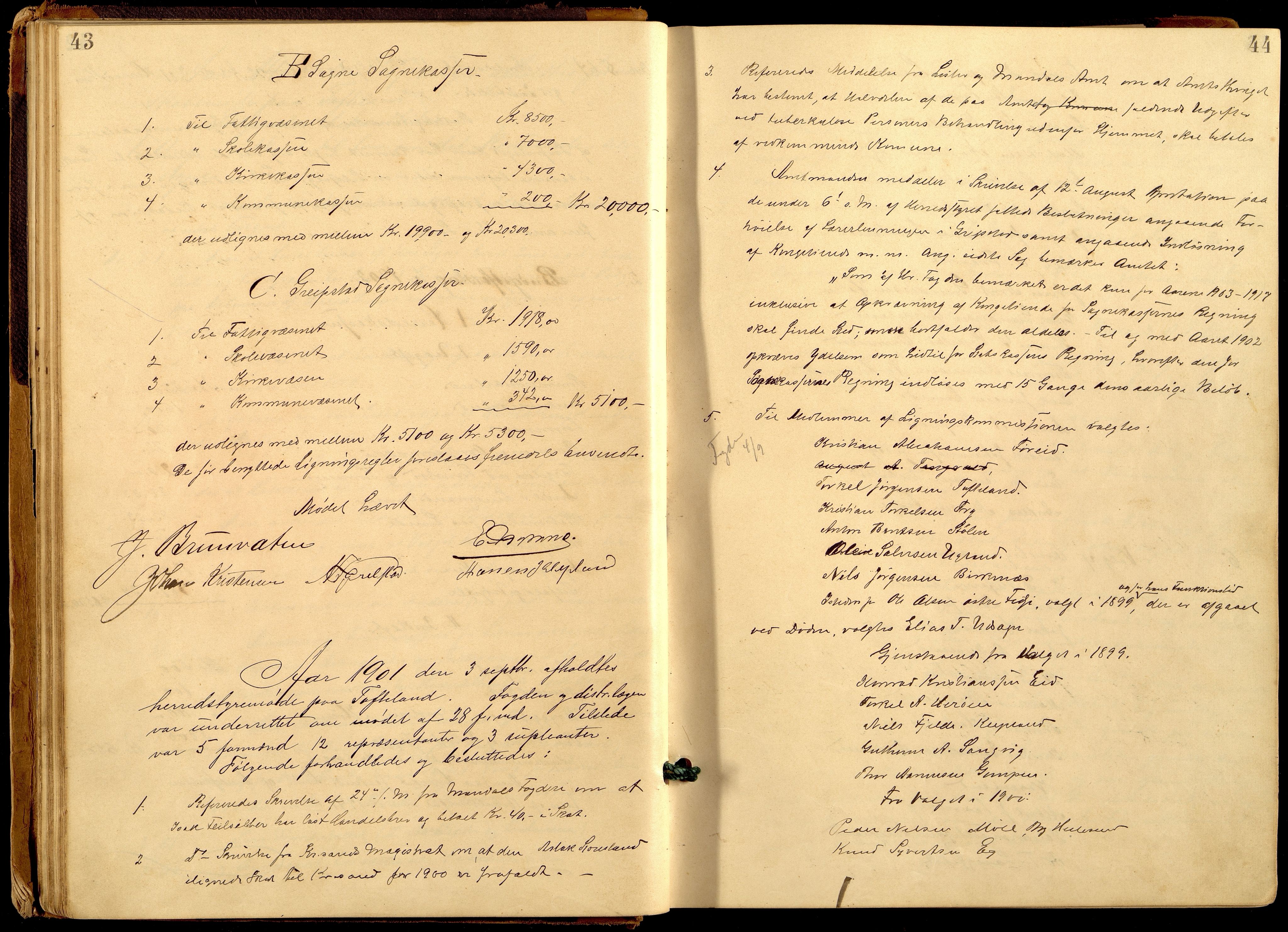 Søgne og Greipstad kommune - Formannskapet, ARKSOR/1018SG120/A/L0006: Møtebok (d), 1901-1909, p. 43-44