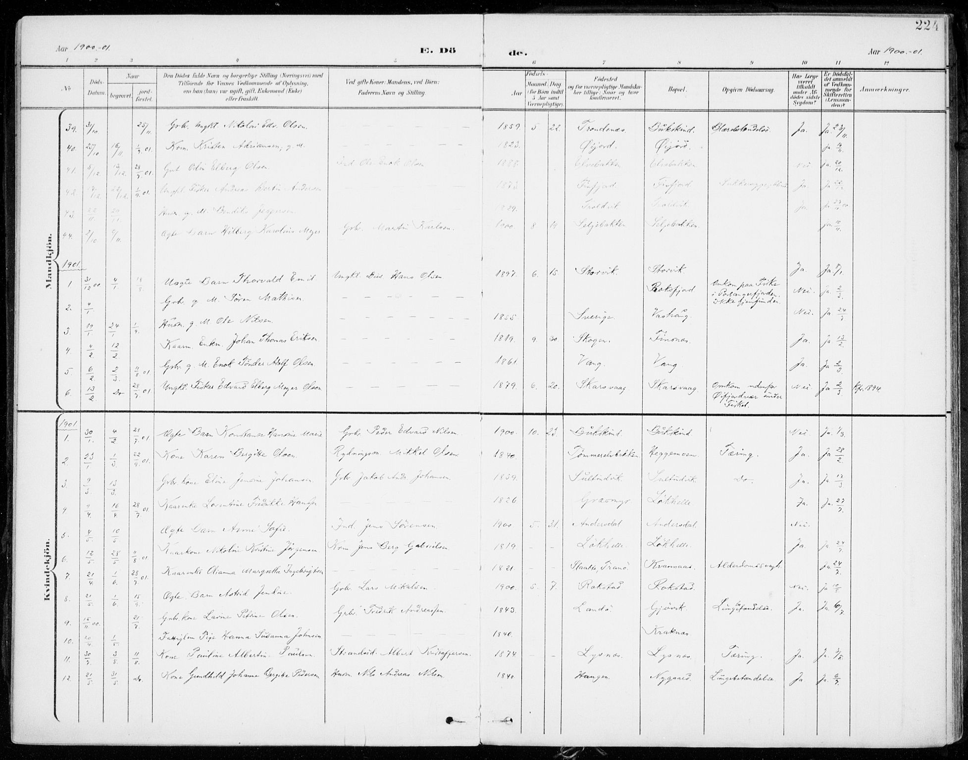 Lenvik sokneprestembete, AV/SATØ-S-1310/H/Ha/Haa/L0014kirke: Parish register (official) no. 14, 1899-1909, p. 224