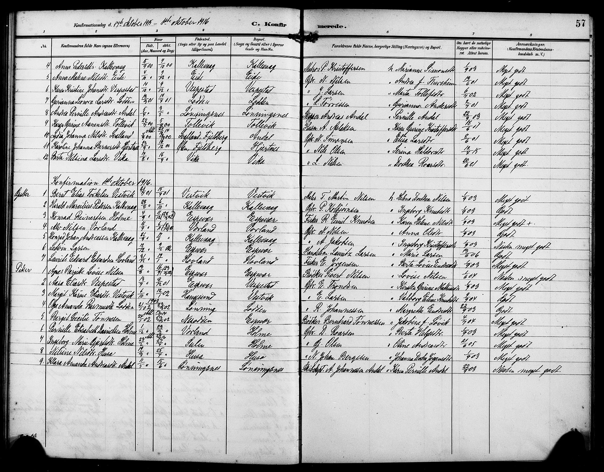 Finnås sokneprestembete, AV/SAB-A-99925/H/Ha/Hab/Habc/L0003: Parish register (copy) no. C 3, 1907-1917, p. 57