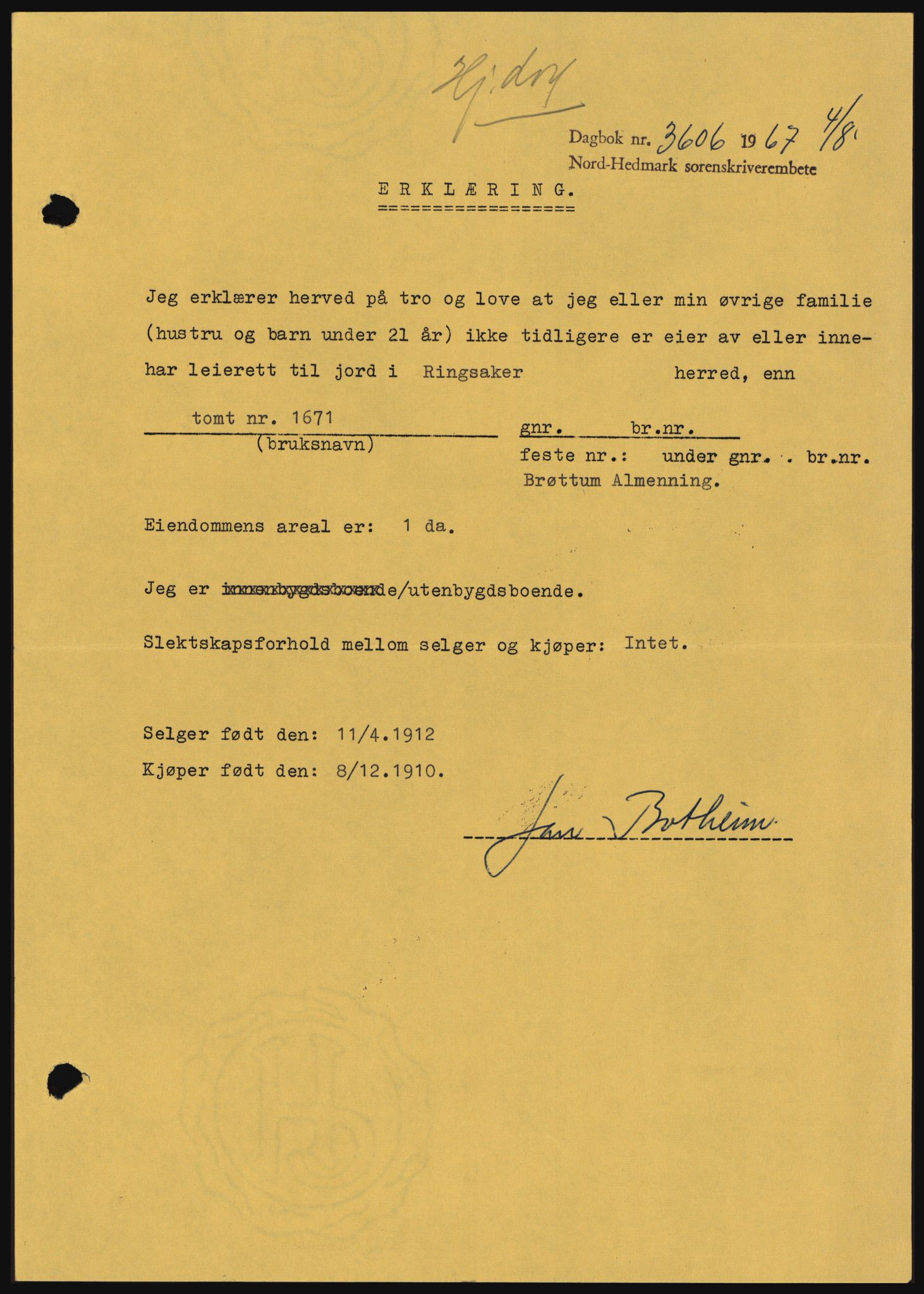 Nord-Hedmark sorenskriveri, AV/SAH-TING-012/H/Hc/L0026: Mortgage book no. 26, 1967-1967, Diary no: : 3606/1967