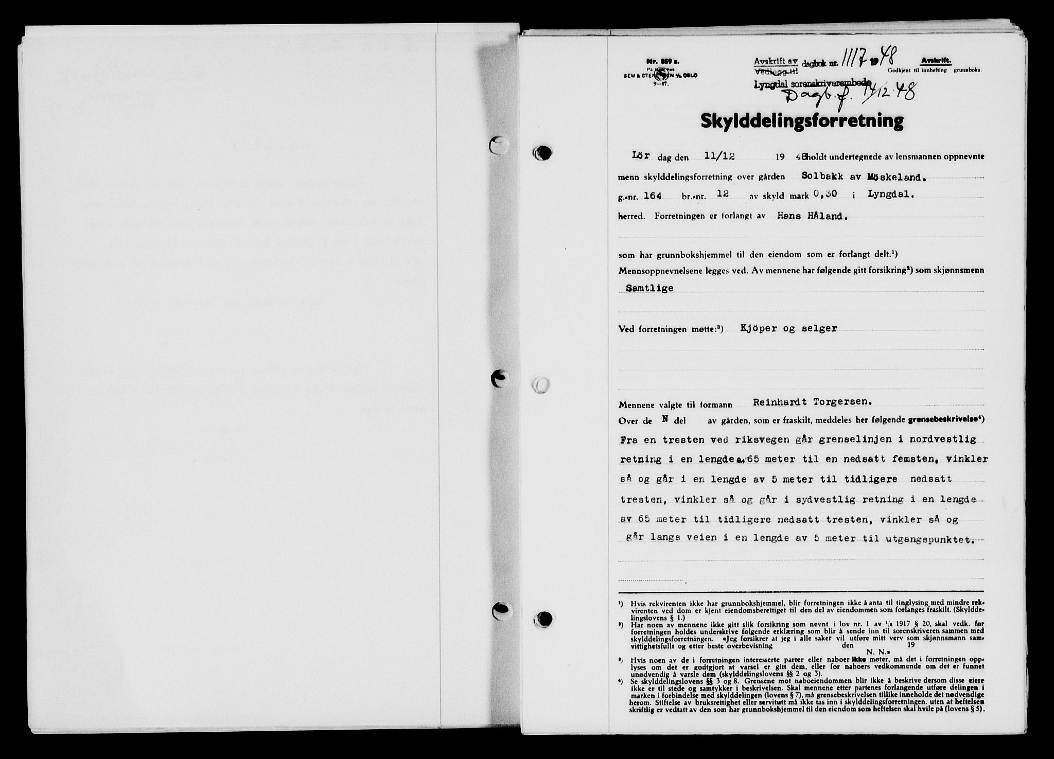 Lyngdal sorenskriveri, AV/SAK-1221-0004/G/Gb/L0663: Mortgage book no. A IX, 1948-1949, Diary no: : 1117/1948