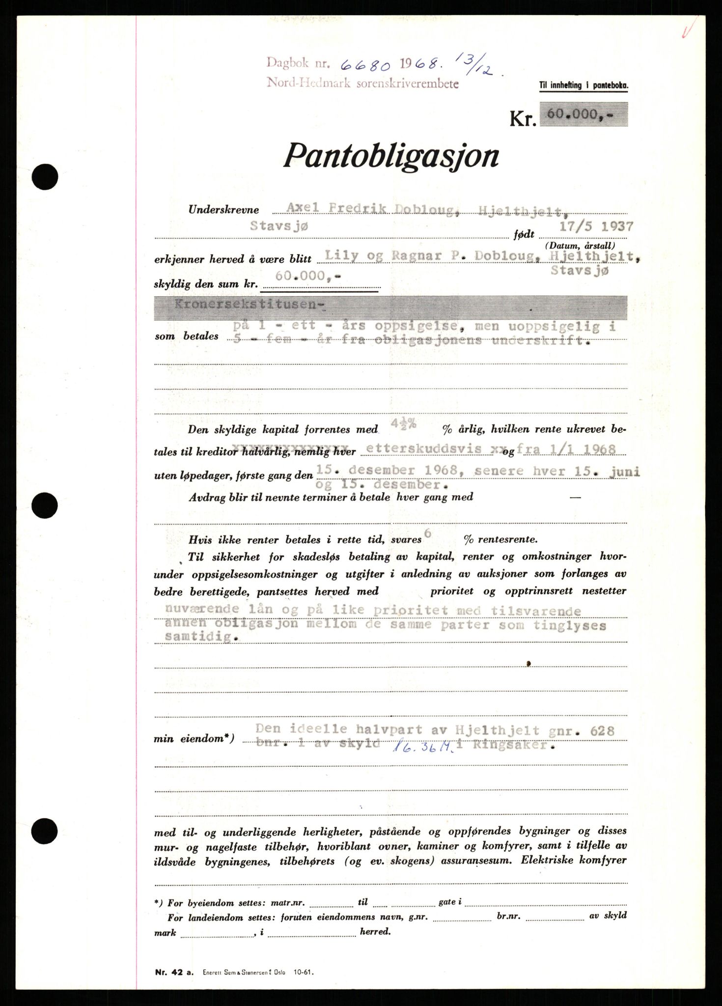 Nord-Hedmark sorenskriveri, SAH/TING-012/H/Hb/Hbf/L0077: Mortgage book no. B77, 1968-1969, Diary no: : 6680/1968