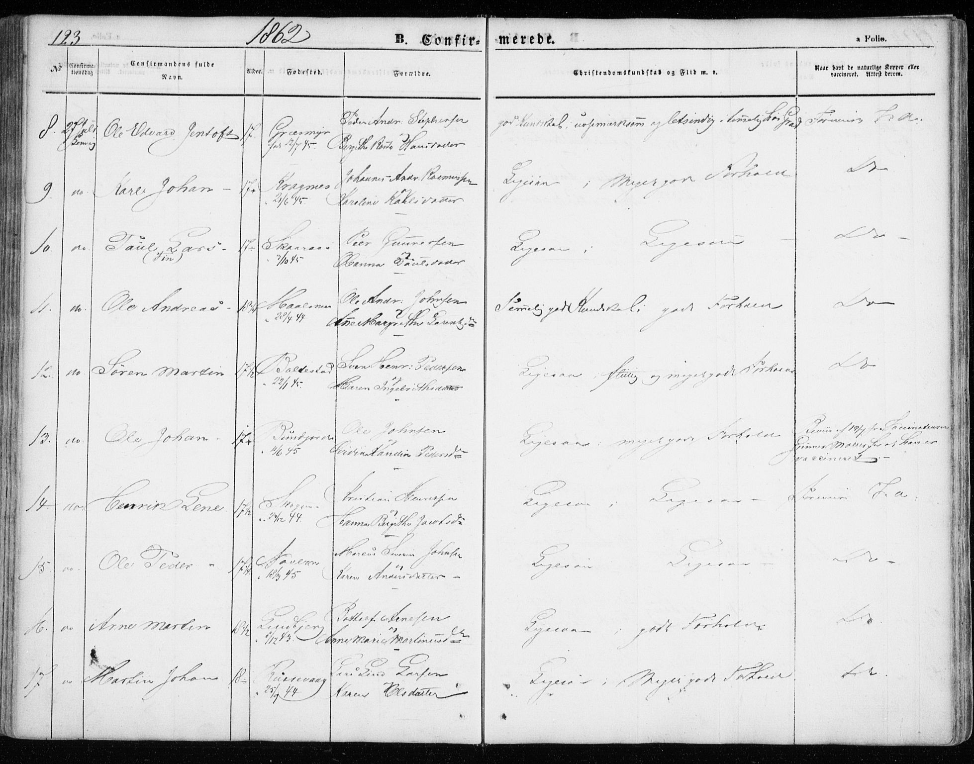 Lenvik sokneprestembete, AV/SATØ-S-1310/H/Ha/Haa/L0007kirke: Parish register (official) no. 7, 1855-1865, p. 123