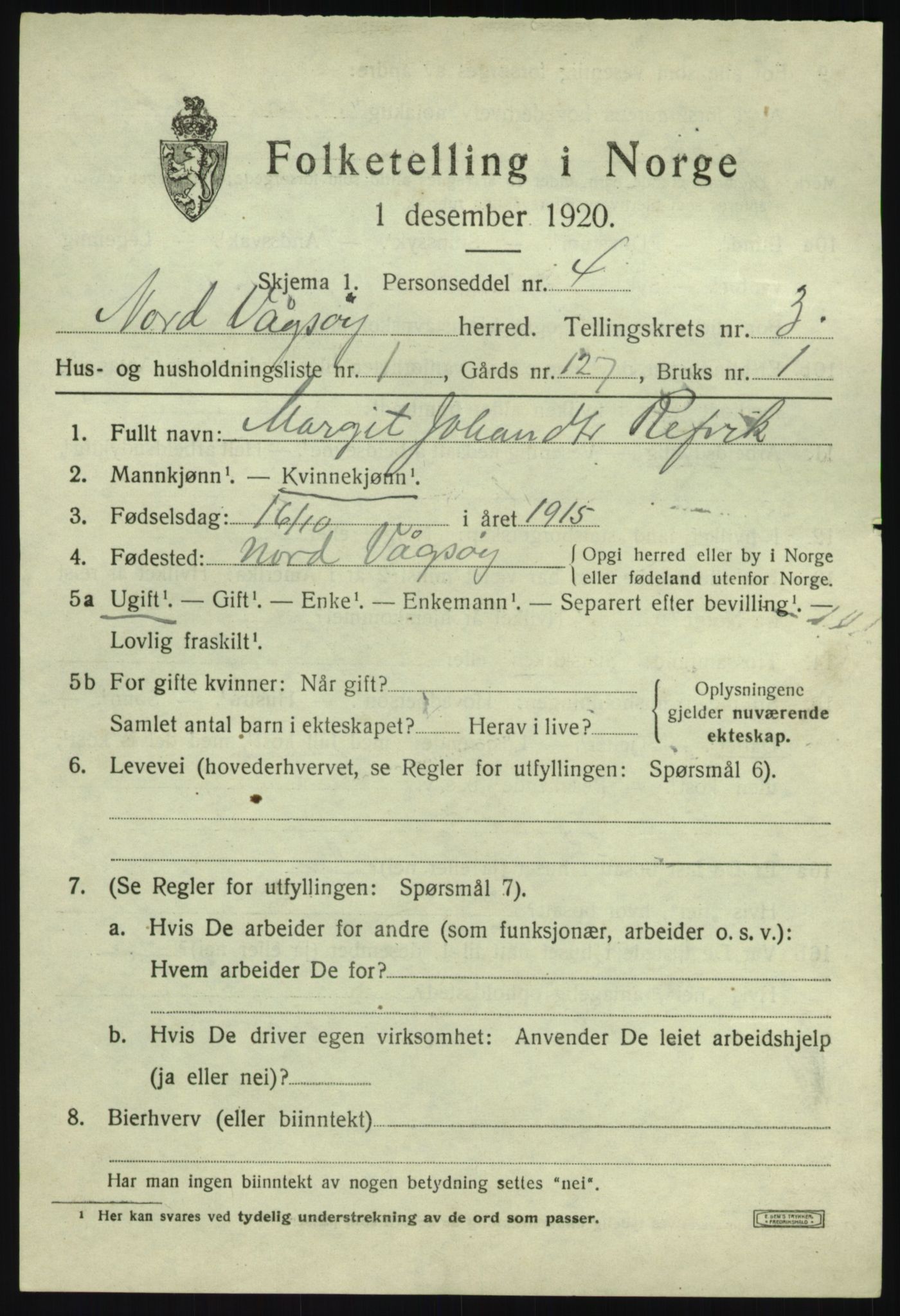 SAB, 1920 census for Nord-Vågsøy, 1920, p. 1030