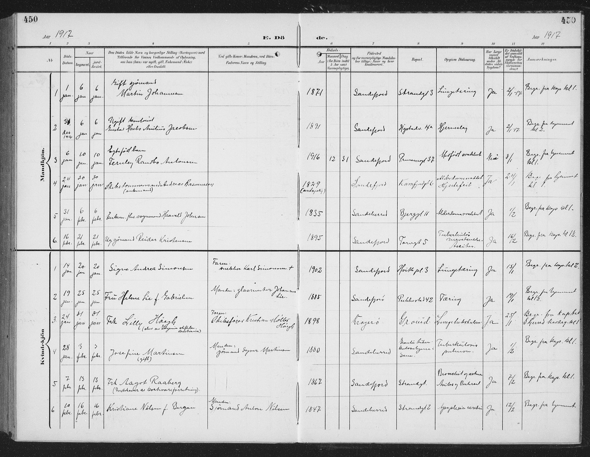 Sandefjord kirkebøker, SAKO/A-315/G/Ga/L0003: Parish register (copy) no. 3, 1903-1920, p. 450