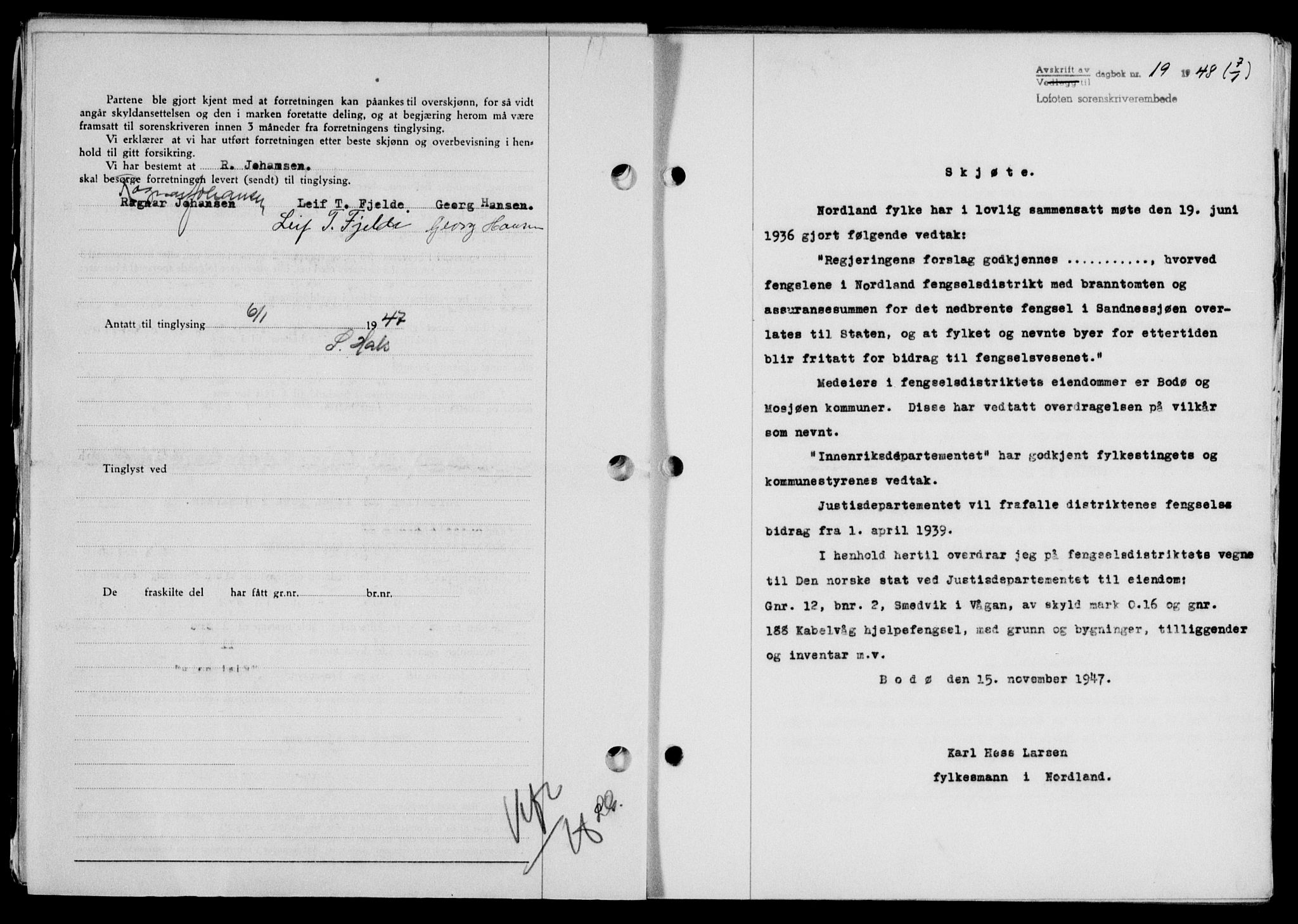 Lofoten sorenskriveri, SAT/A-0017/1/2/2C/L0017a: Mortgage book no. 17a, 1947-1948, Diary no: : 19/1948
