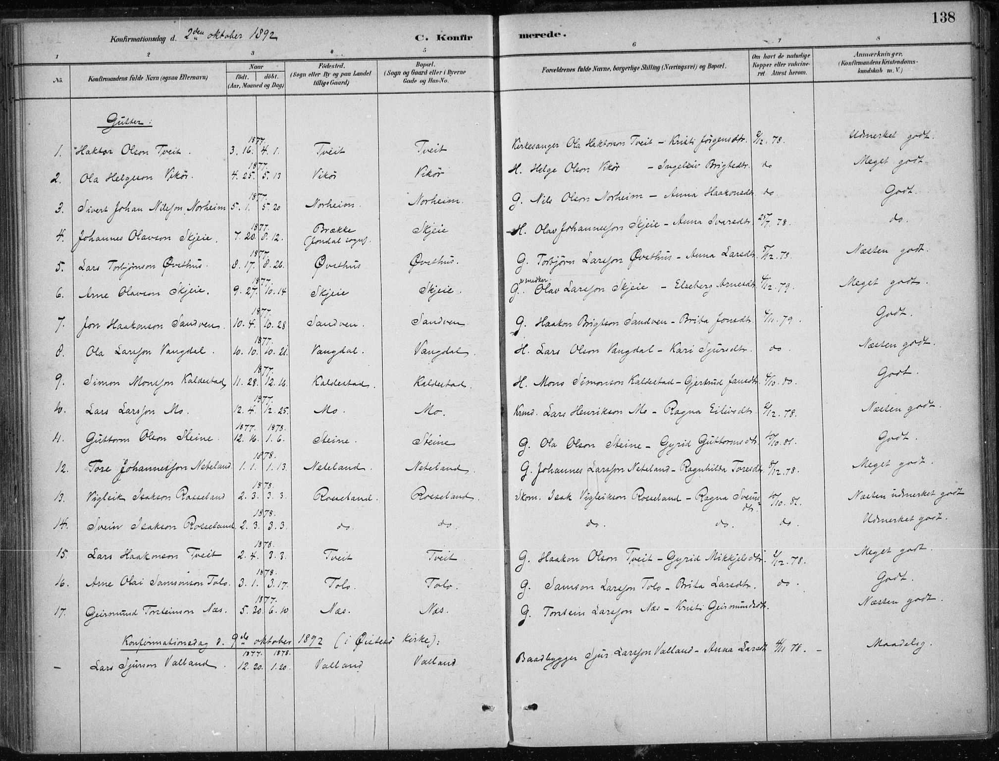 Kvam sokneprestembete, SAB/A-76201/H/Haa: Parish register (official) no. B  1, 1880-1908, p. 138