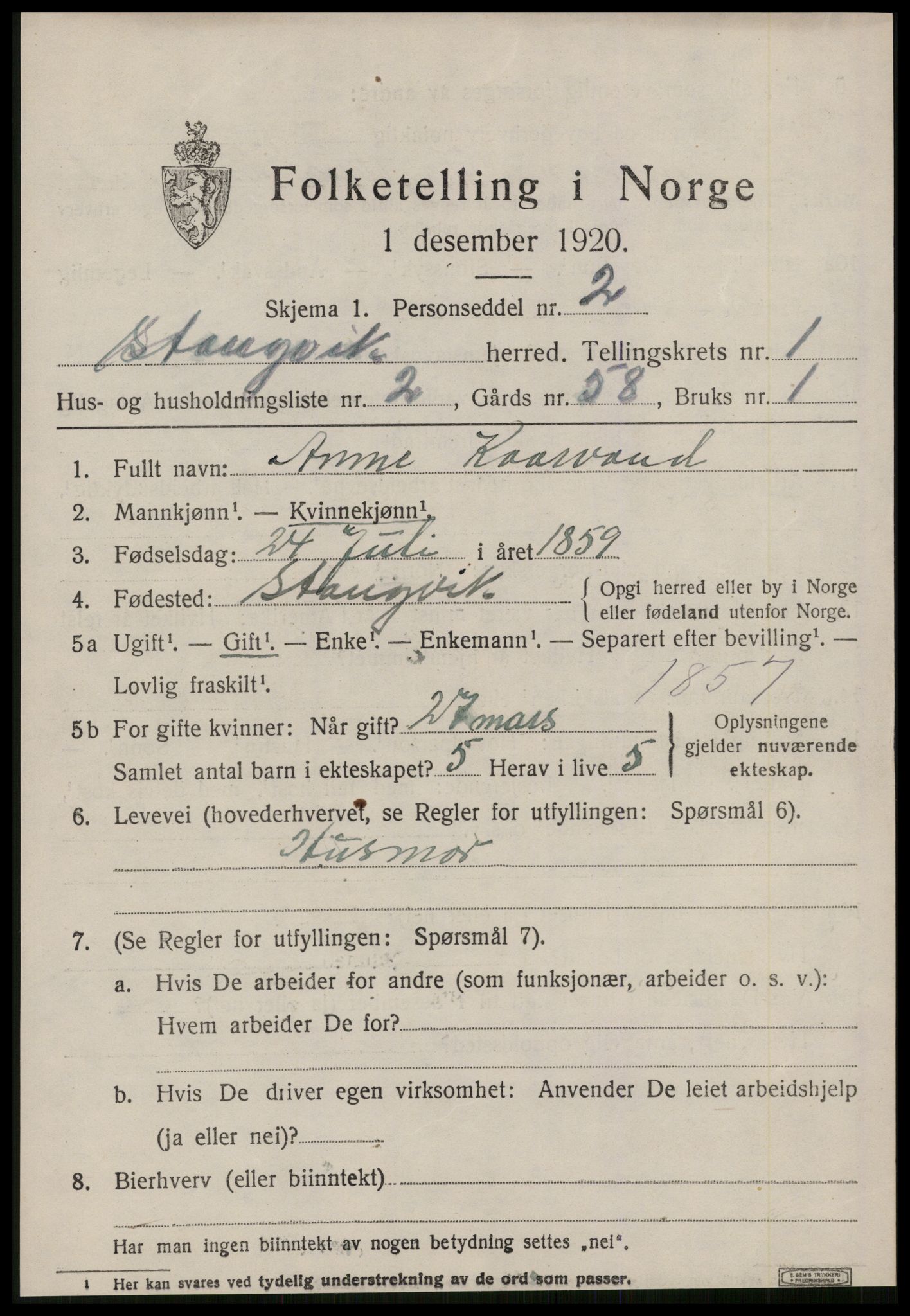 SAT, 1920 census for Stangvik, 1920, p. 780