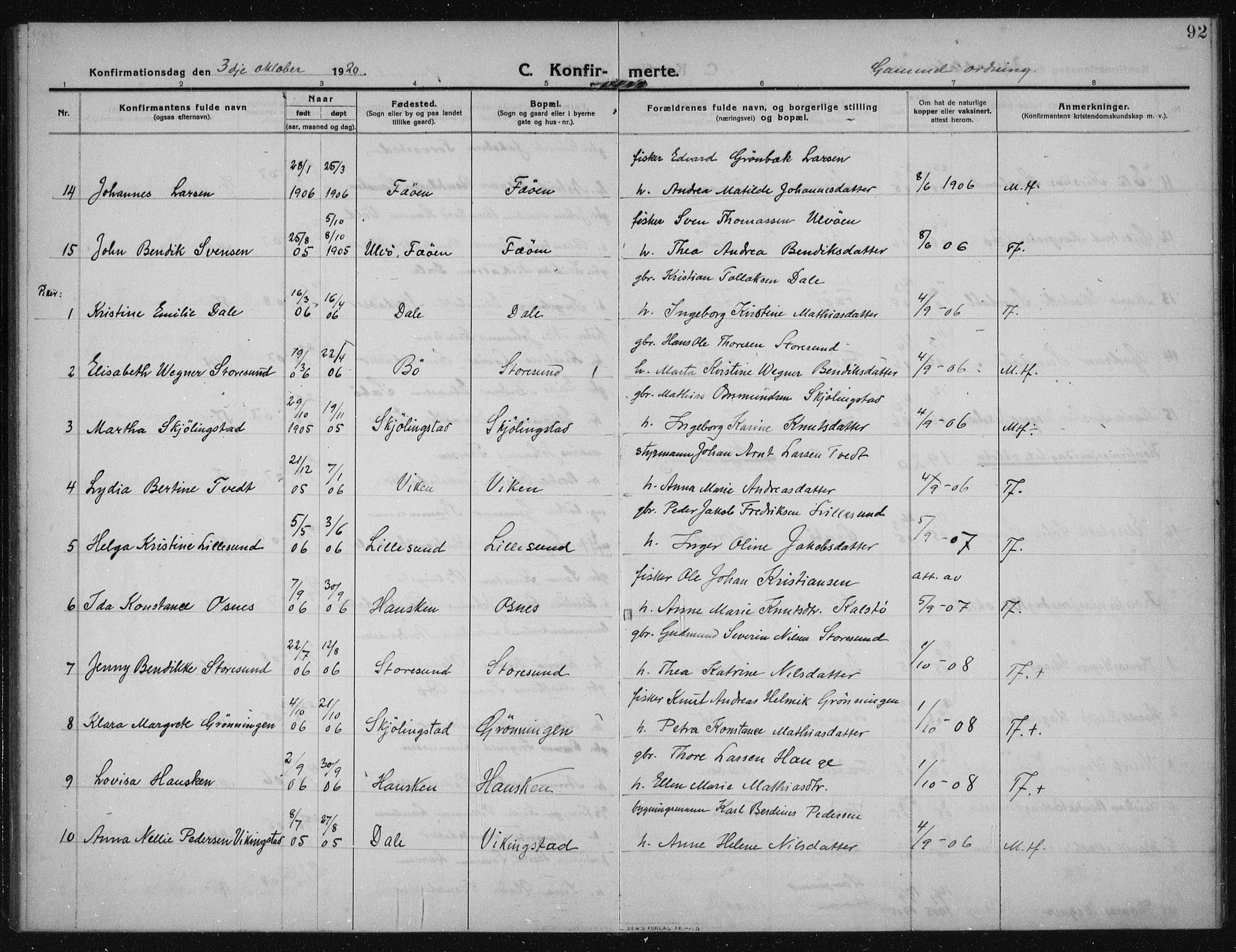 Torvastad sokneprestkontor, SAST/A -101857/H/Ha/Haa/L0019: Parish register (official) no. A 18, 1912-1920, p. 92