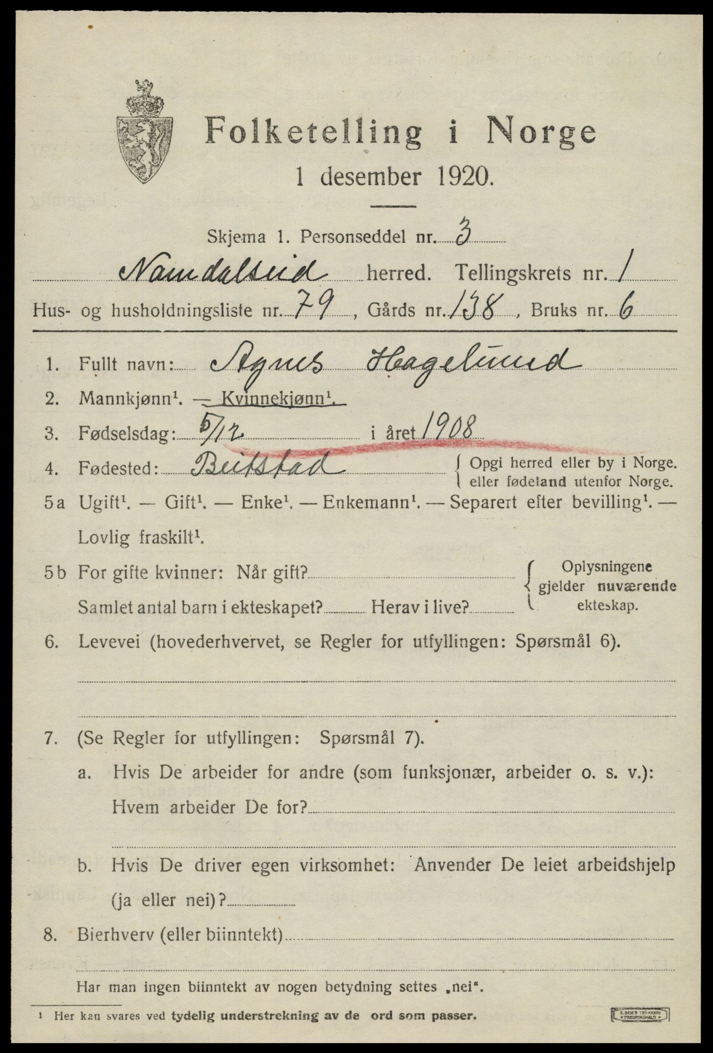 SAT, 1920 census for Namdalseid, 1920, p. 1342