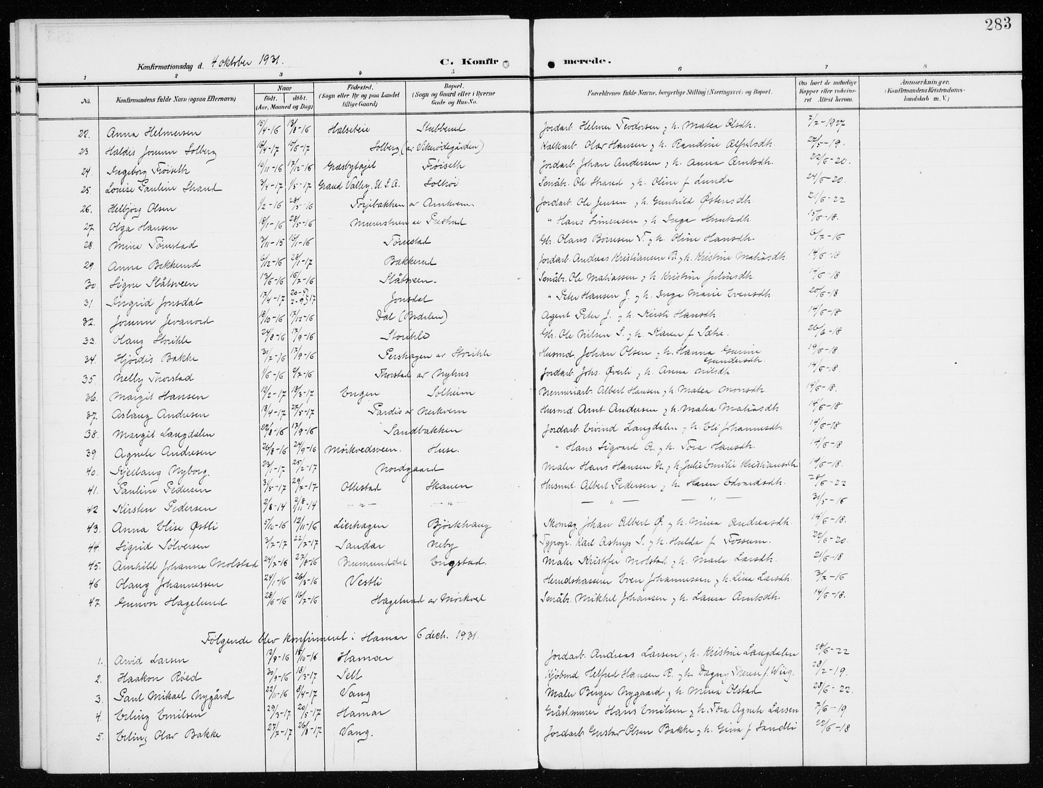 Furnes prestekontor, AV/SAH-PREST-012/K/Ka/L0001: Parish register (official) no. 1, 1907-1935, p. 283