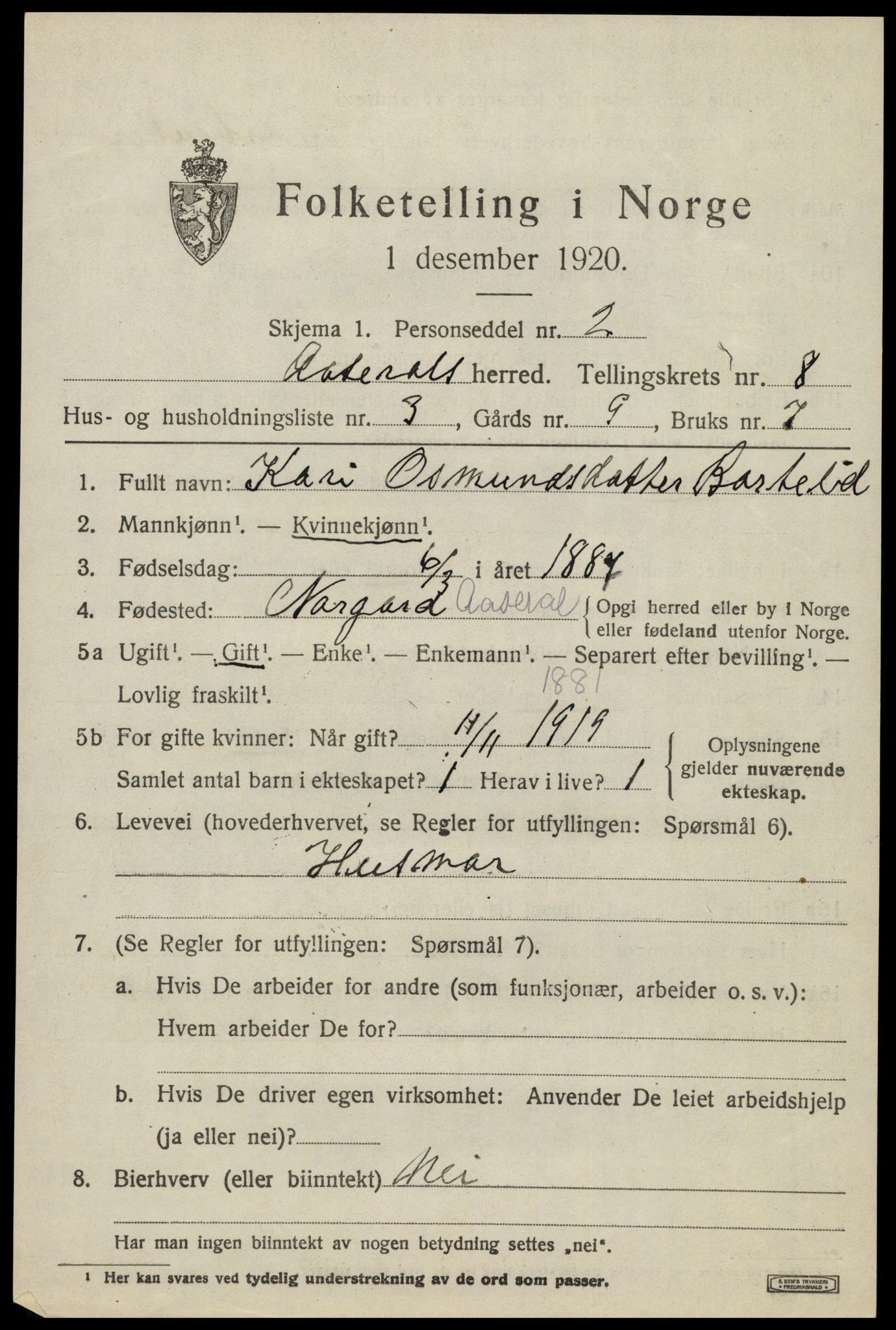 SAK, 1920 census for Åseral, 1920, p. 2464