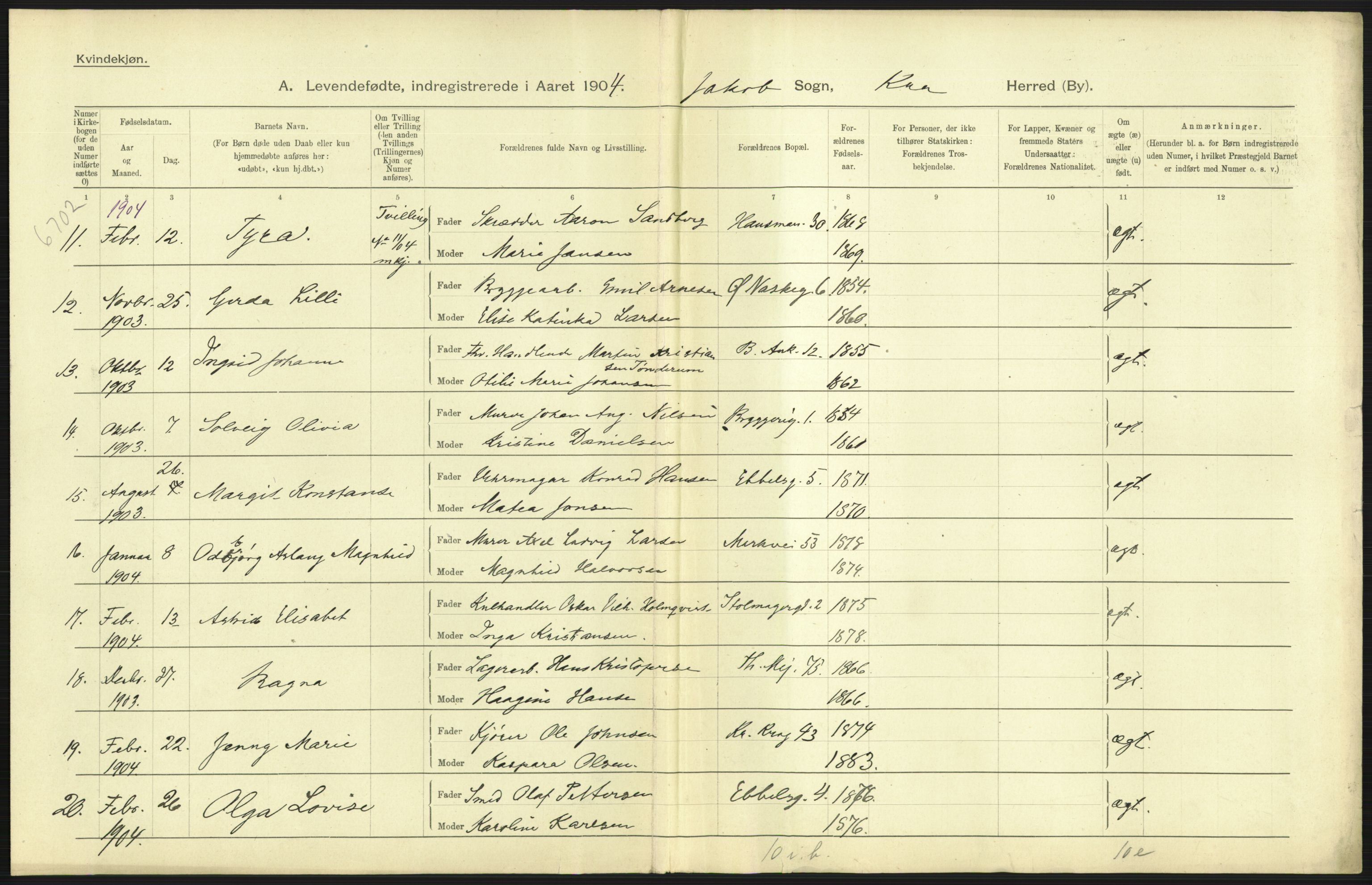 Statistisk sentralbyrå, Sosiodemografiske emner, Befolkning, AV/RA-S-2228/D/Df/Dfa/Dfab/L0003: Kristiania: Fødte, 1904, p. 11