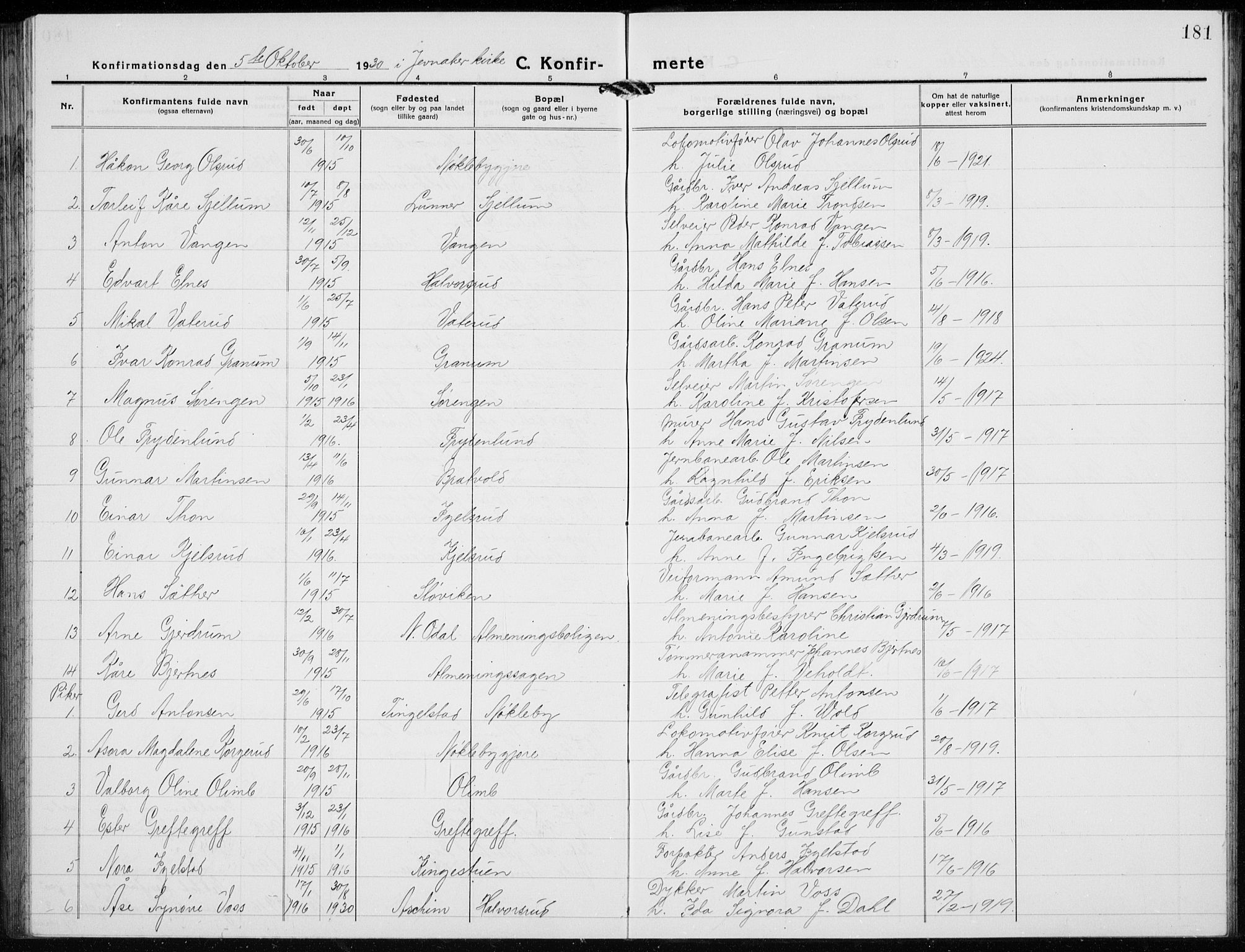 Jevnaker prestekontor, SAH/PREST-116/H/Ha/Hab/L0005: Parish register (copy) no. 5, 1919-1934, p. 181