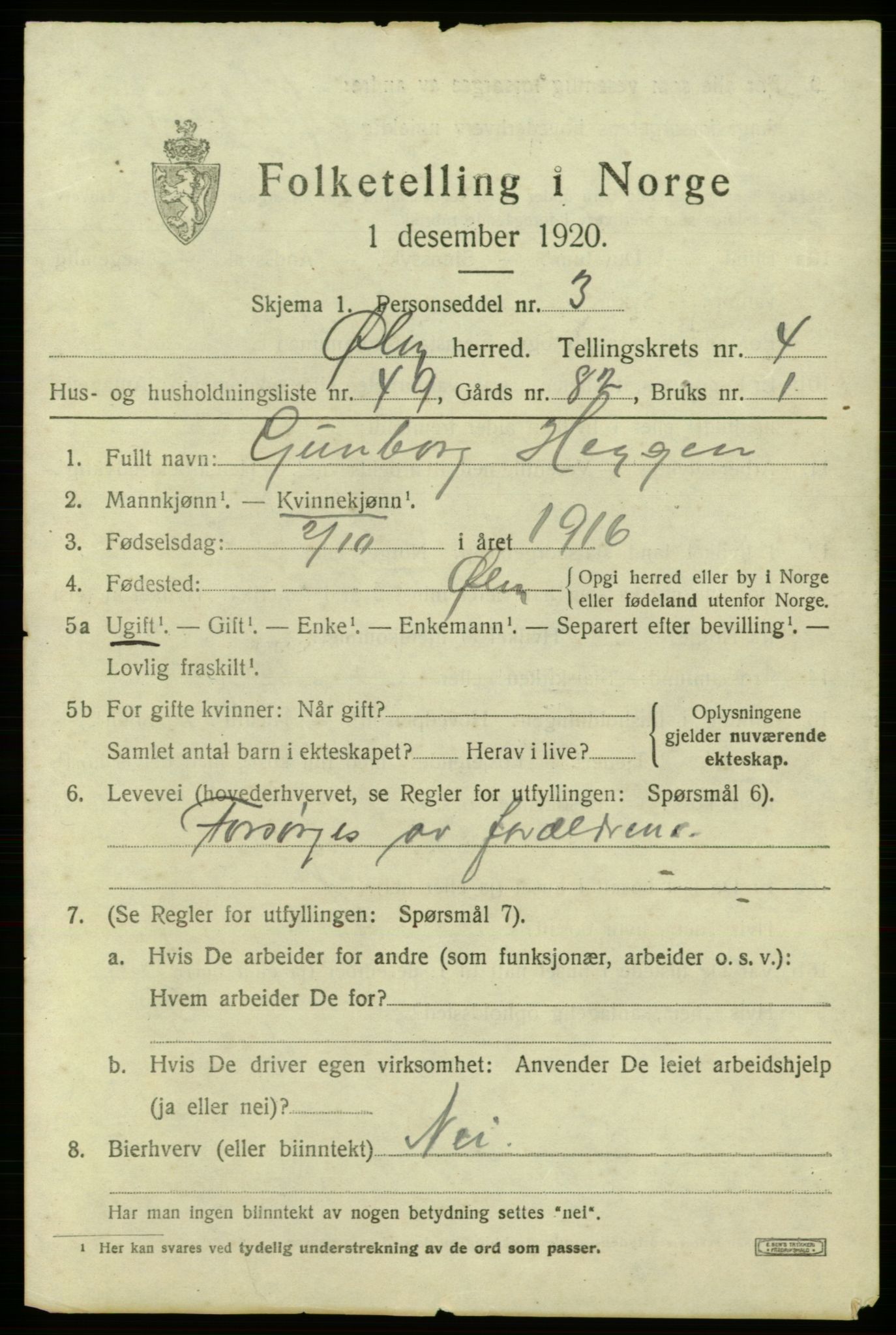 SAB, 1920 census for Ølen, 1920, p. 2315