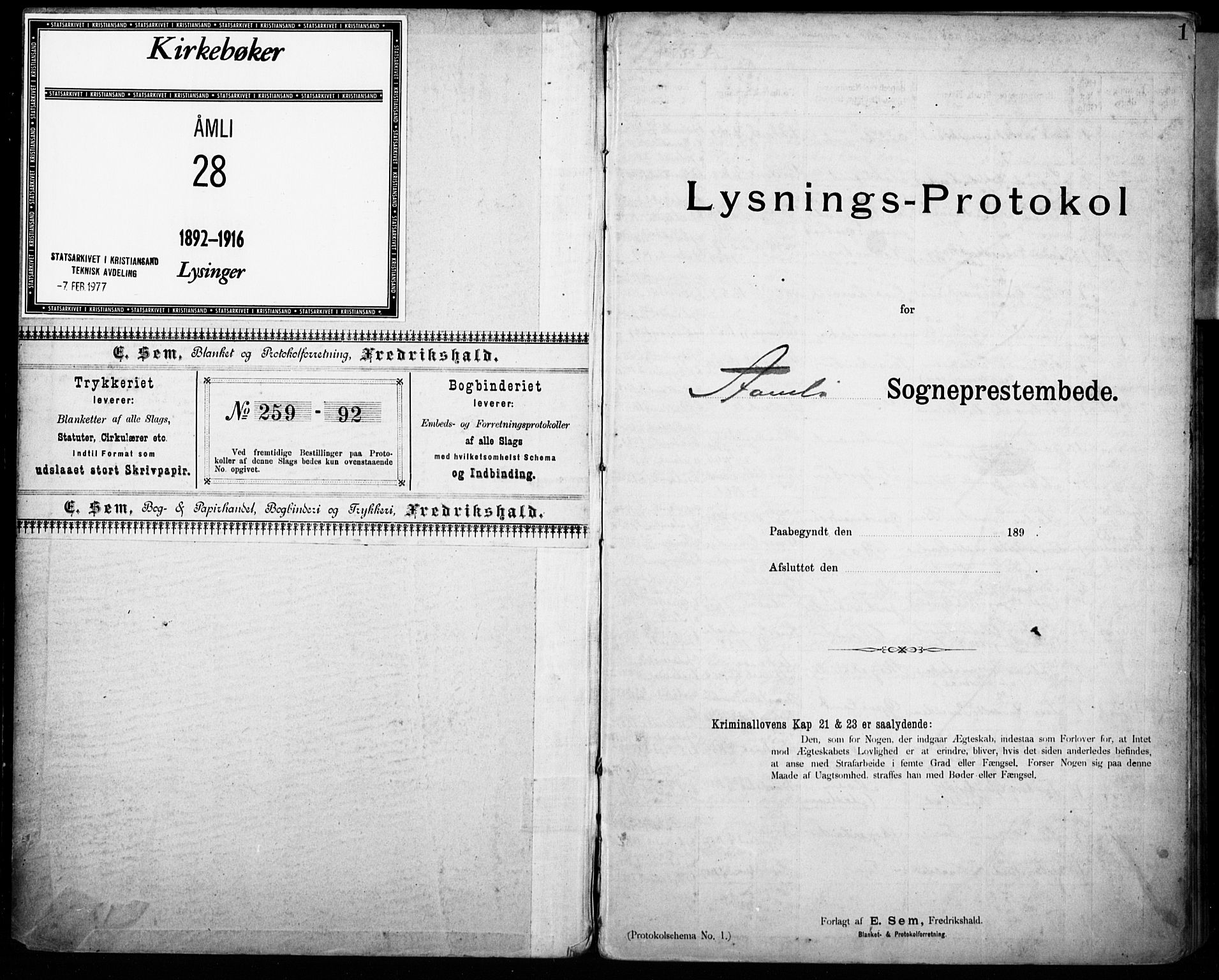 Åmli sokneprestkontor, SAK/1111-0050/F/Fe/L0005: Banns register no. A VI 42, 1892-1916, p. 1