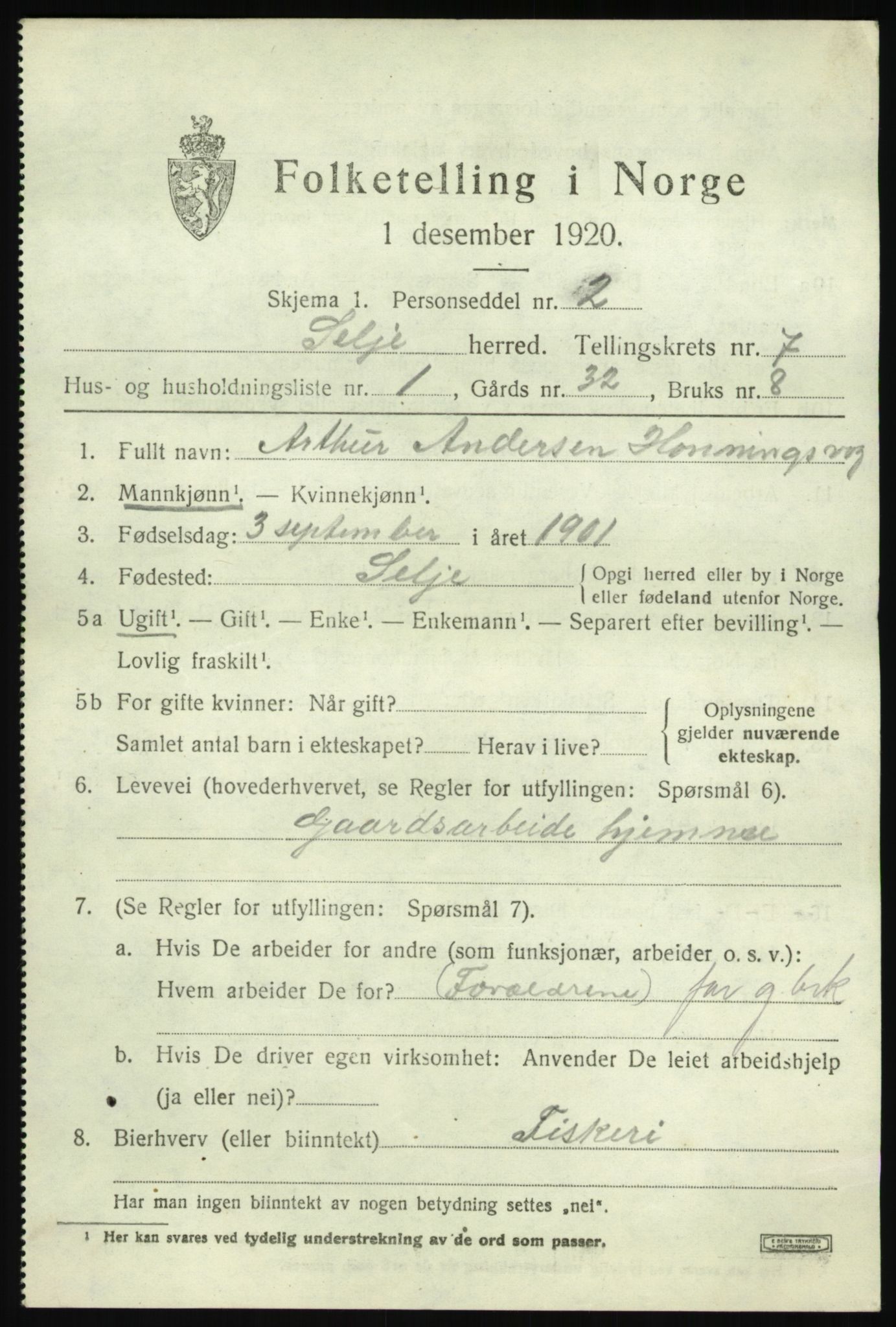 SAB, 1920 census for Selje, 1920, p. 3595