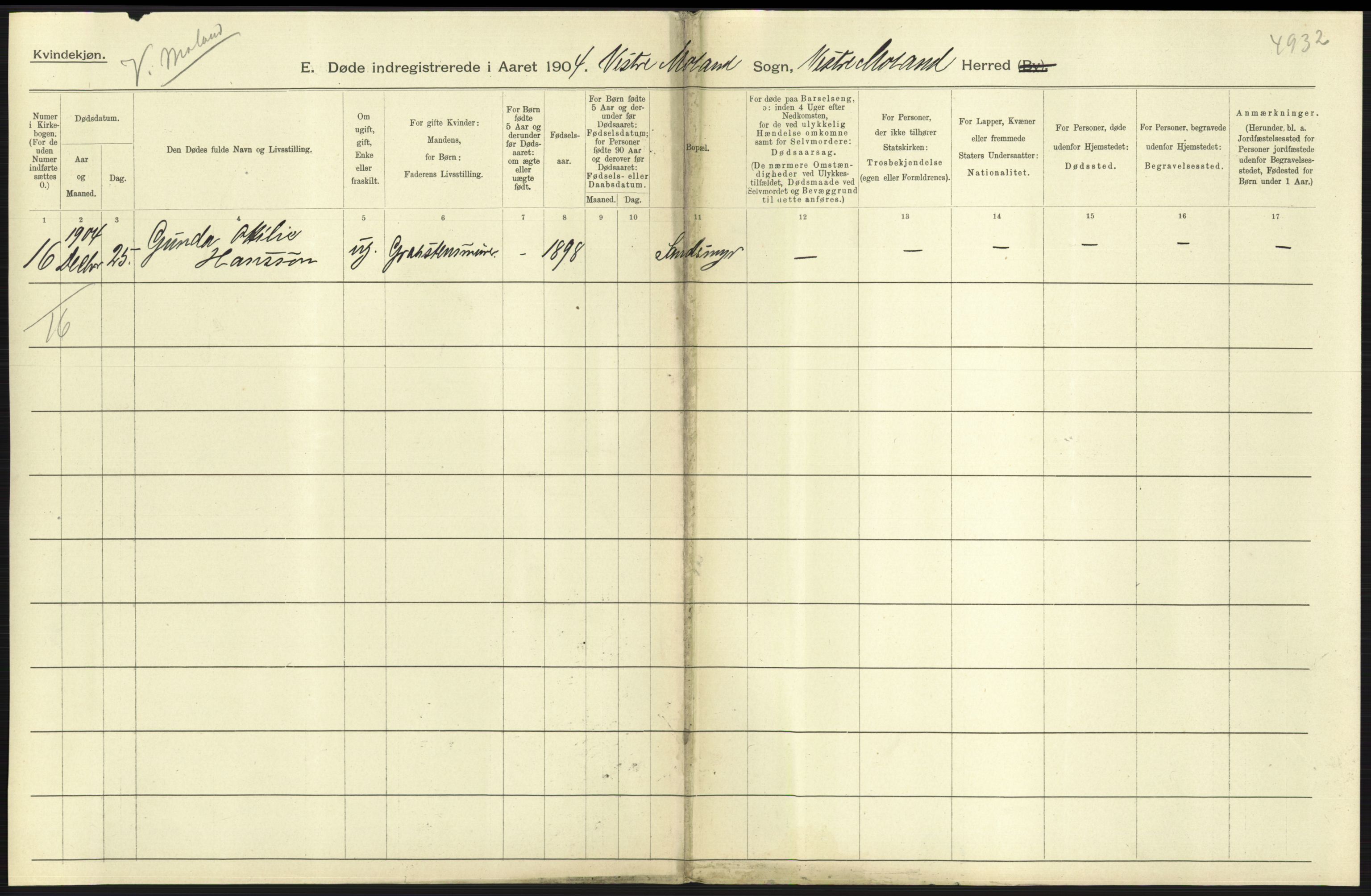 Statistisk sentralbyrå, Sosiodemografiske emner, Befolkning, AV/RA-S-2228/D/Df/Dfa/Dfab/L0010: Nedenes amt: Fødte, gifte, døde, 1904, p. 423