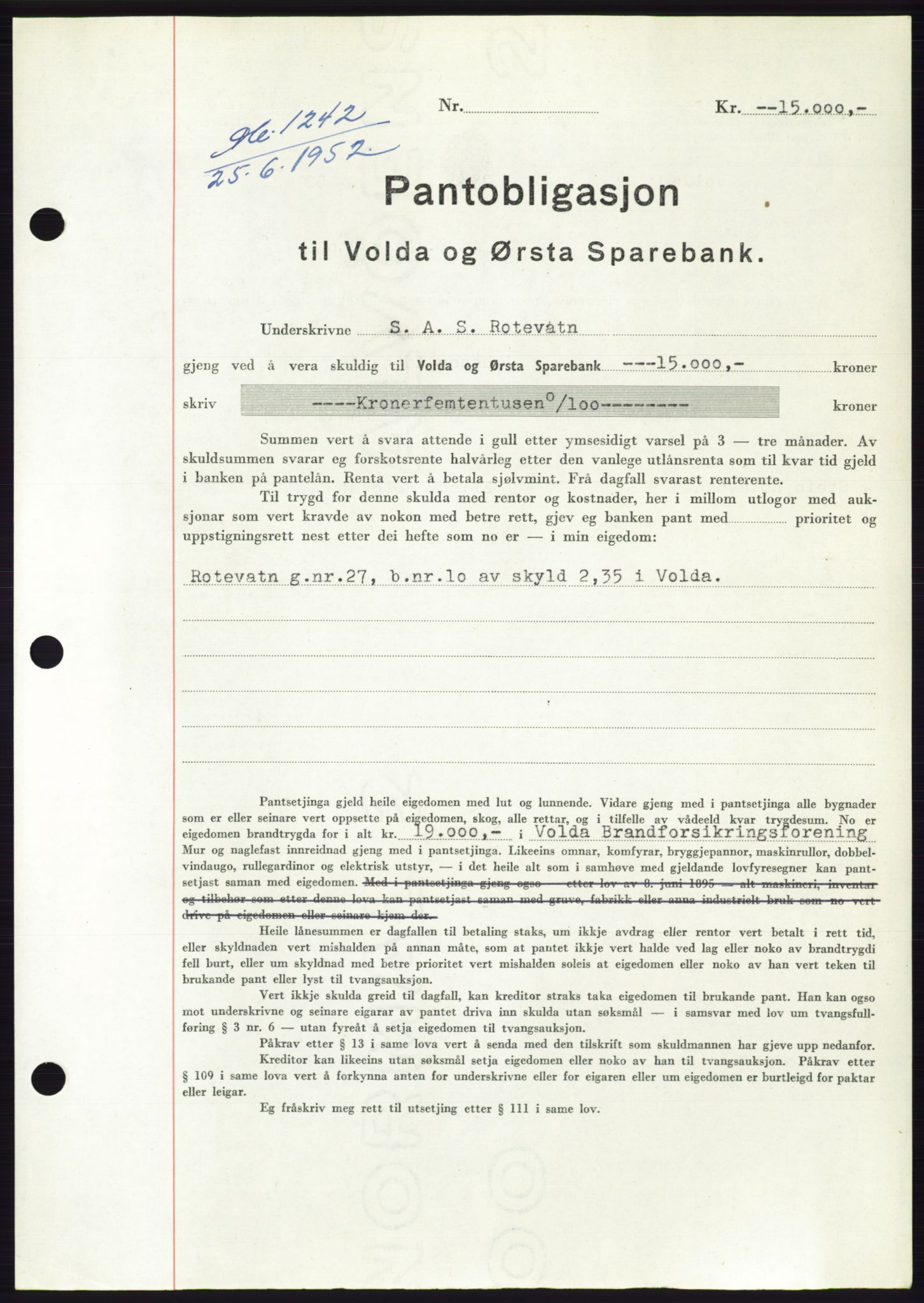 Søre Sunnmøre sorenskriveri, AV/SAT-A-4122/1/2/2C/L0121: Mortgage book no. 9B, 1951-1952, Diary no: : 1242/1952