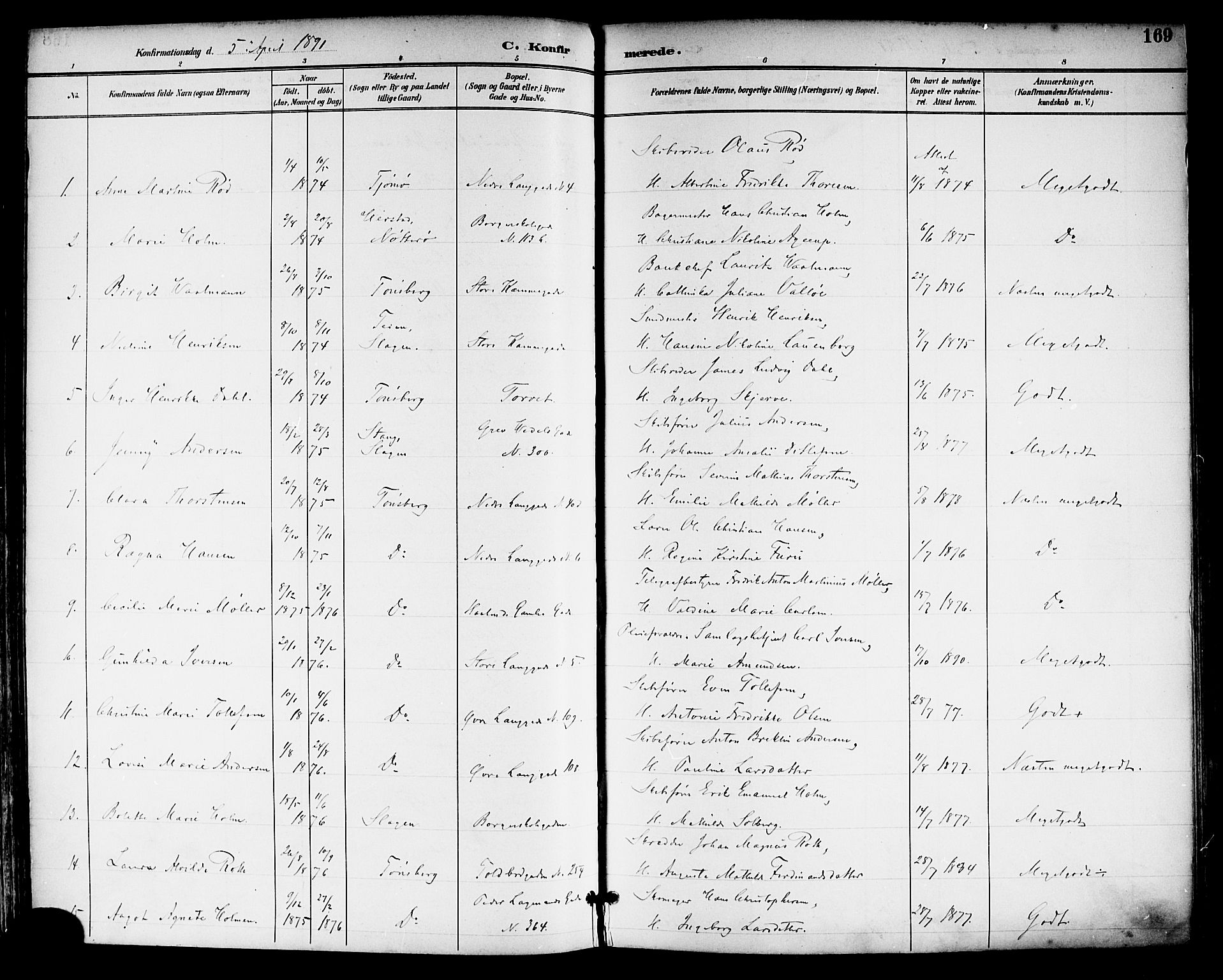 Tønsberg kirkebøker, AV/SAKO-A-330/F/Fa/L0012: Parish register (official) no. I 12, 1891-1899, p. 169