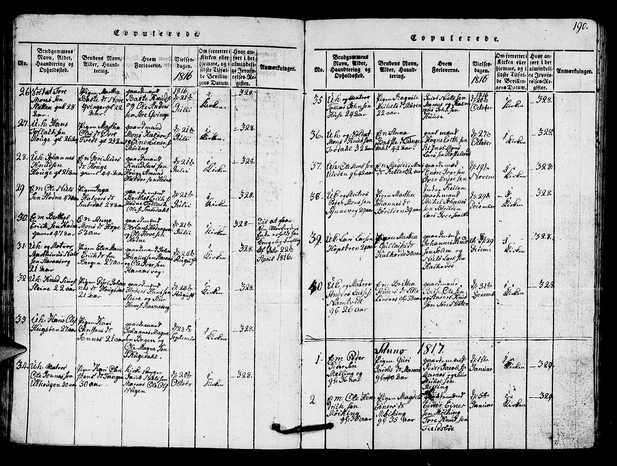 Lindås Sokneprestembete, SAB/A-76701/H/Hab: Parish register (copy) no. A 1, 1816-1823, p. 190