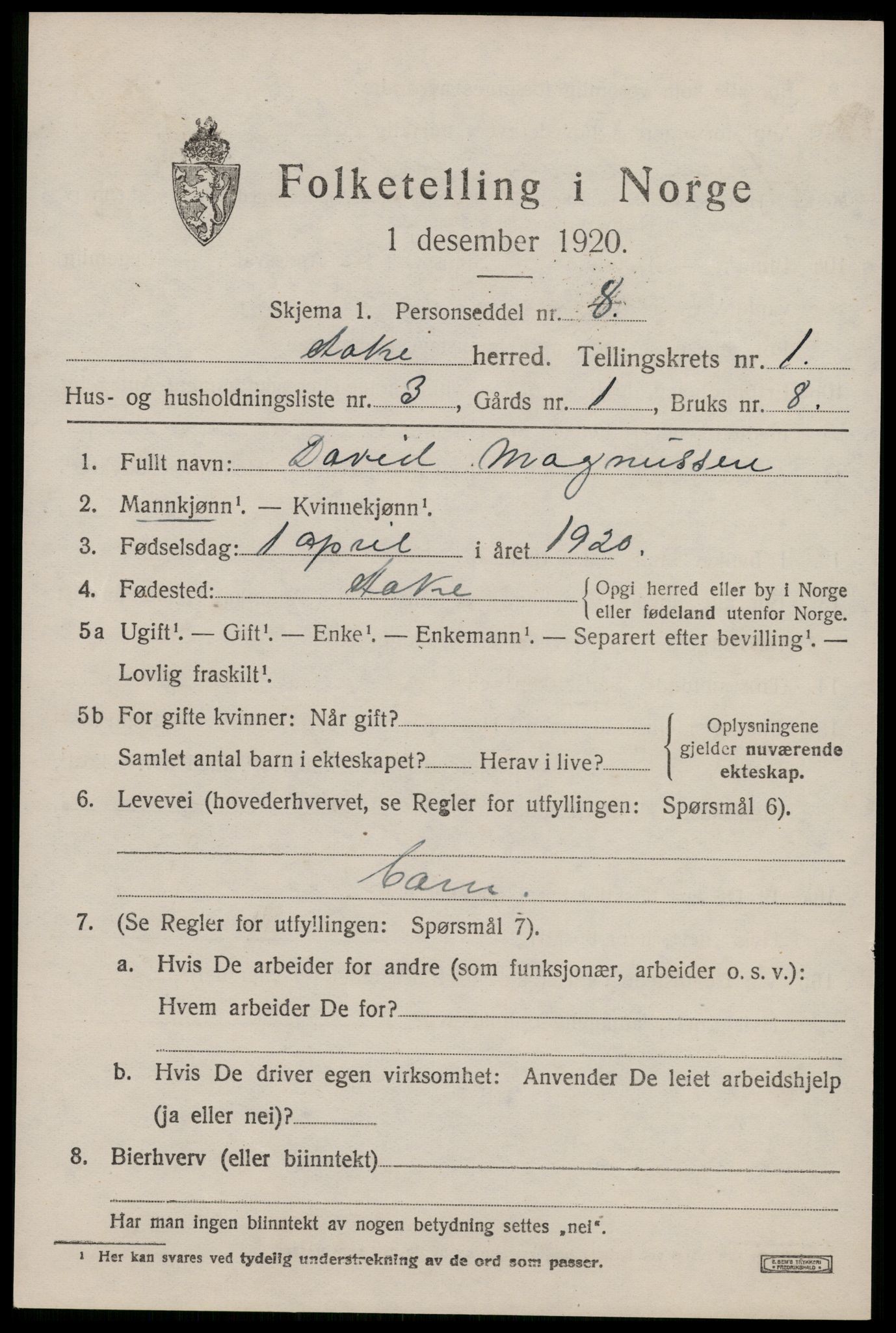 SAST, 1920 census for Åkra, 1920, p. 1300