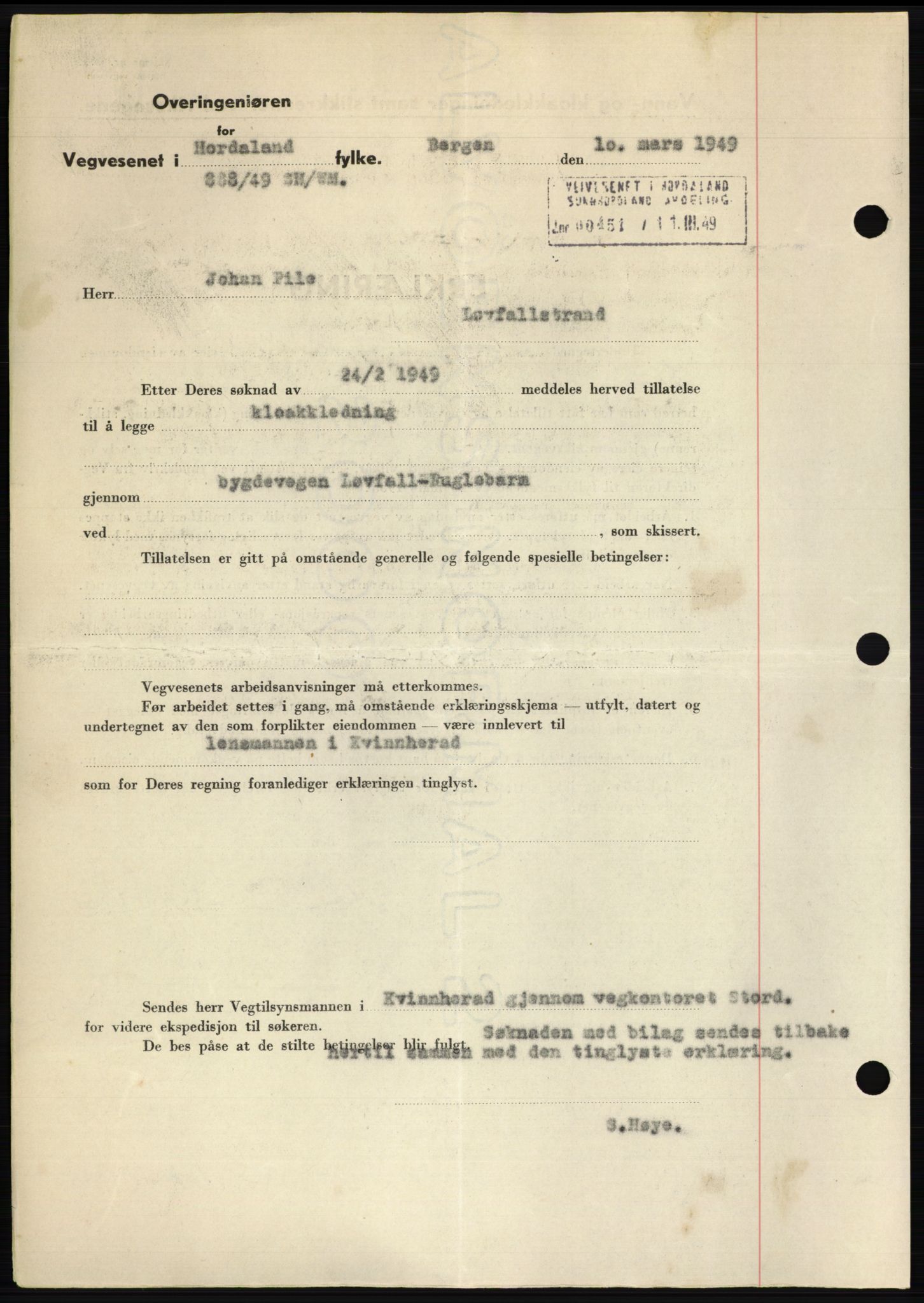 Sunnhordland sorenskrivar, AV/SAB-A-2401: Mortgage book no. B75-79, 1948-1950, Diary no: : 822/1949