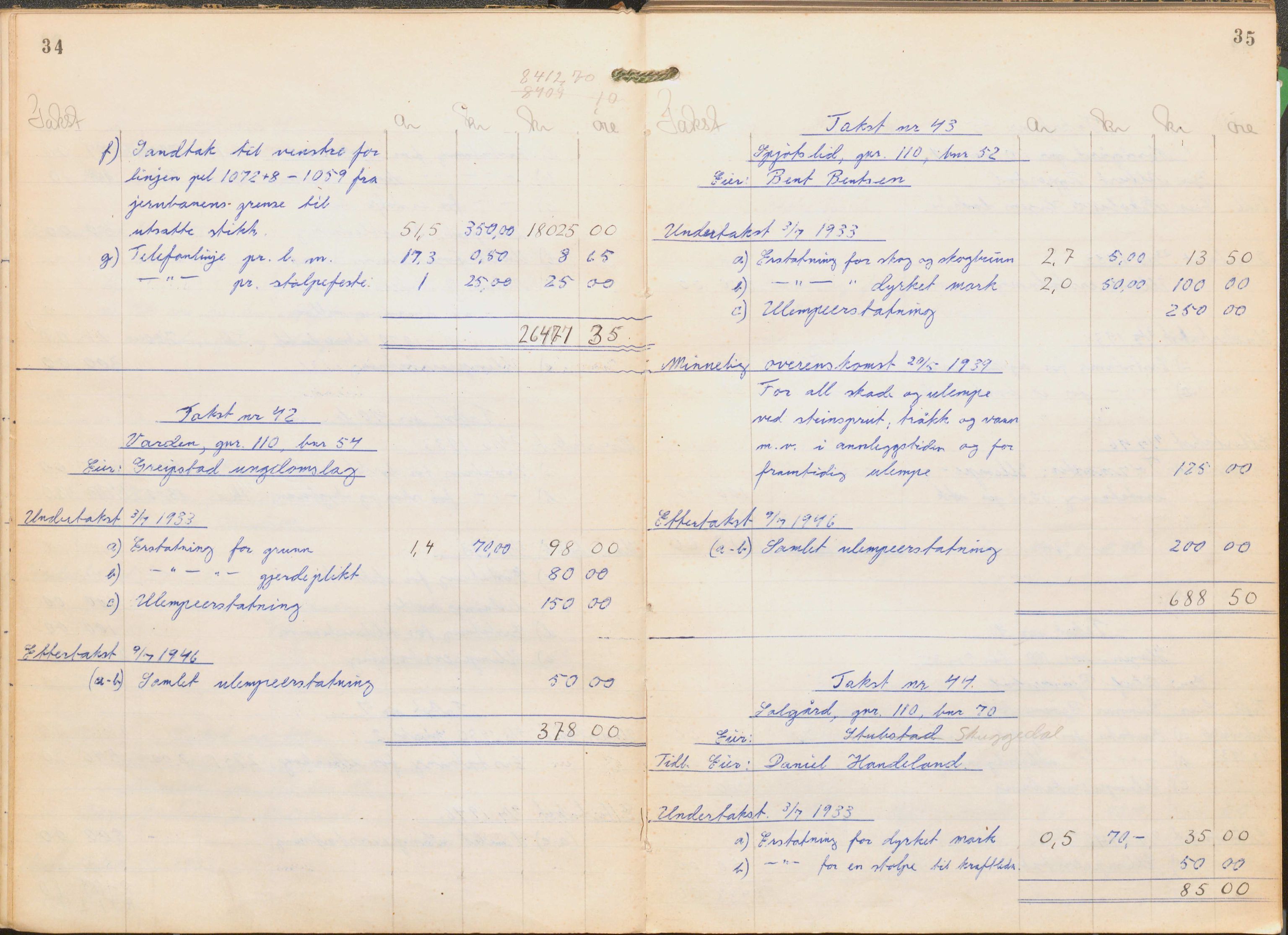 NSB Baneavdelingen, SAK/1821-0004/F/Fc/Fch/L0256/0003: Grunnerstatninger, målebrev / Kartkonduktørprotokoll for Kristiansand - Moi, 1. og 2. avd., 1947, p. 34-35