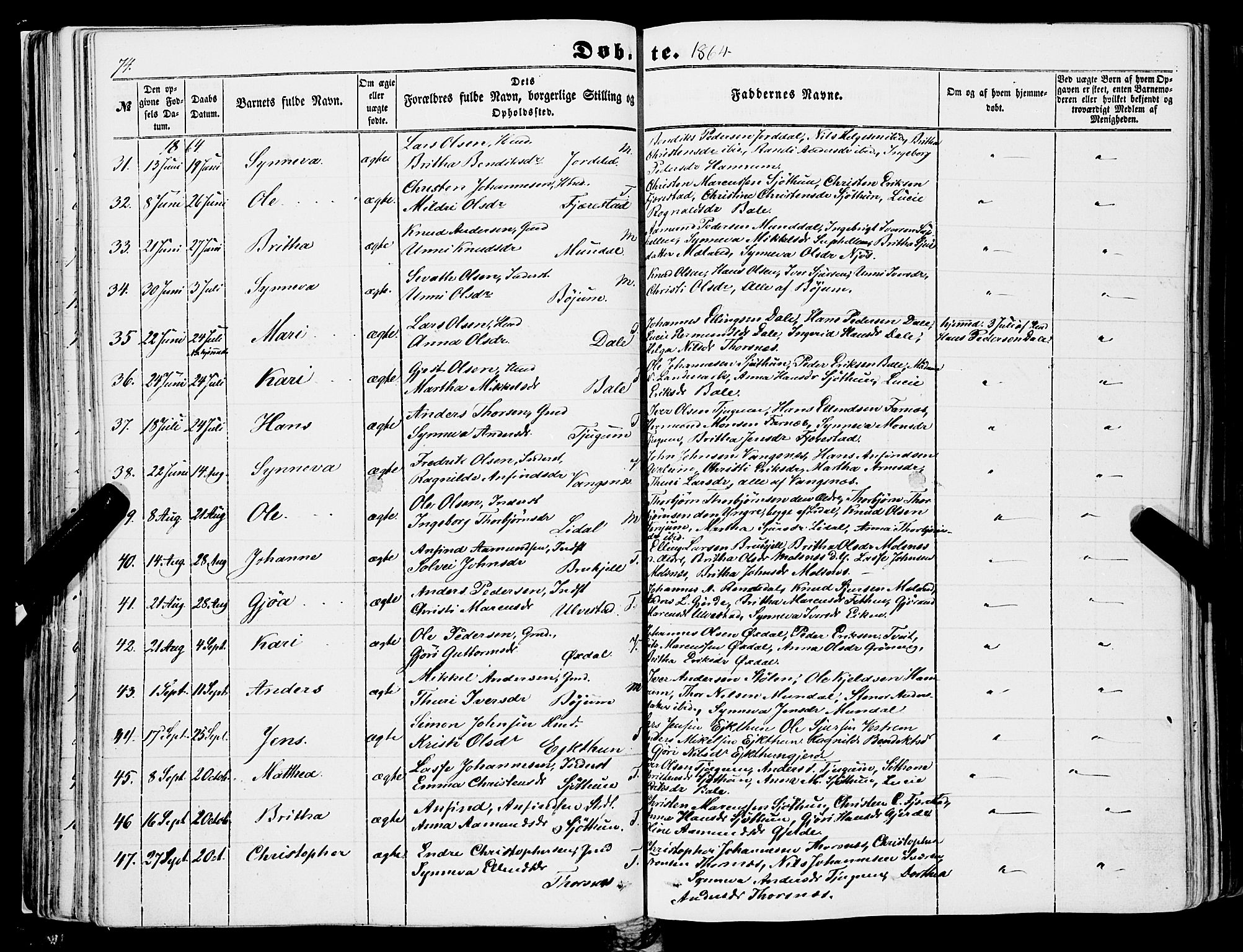 Balestrand sokneprestembete, AV/SAB-A-79601/H/Haa/Haaa/L0002: Parish register (official) no. A 2, 1847-1866, p. 74