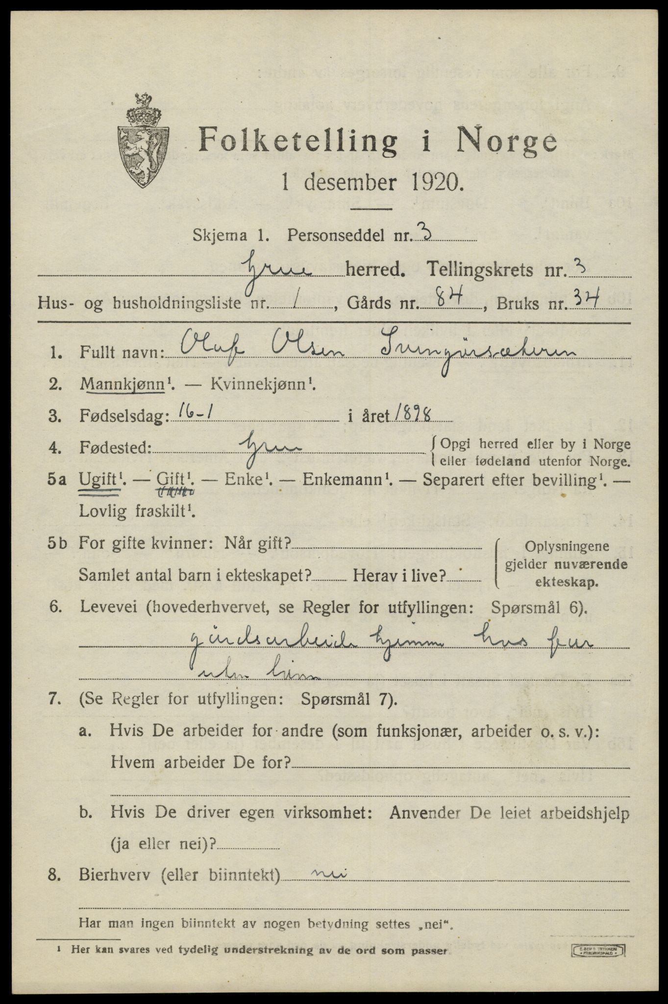 SAH, 1920 census for Grue, 1920, p. 3785