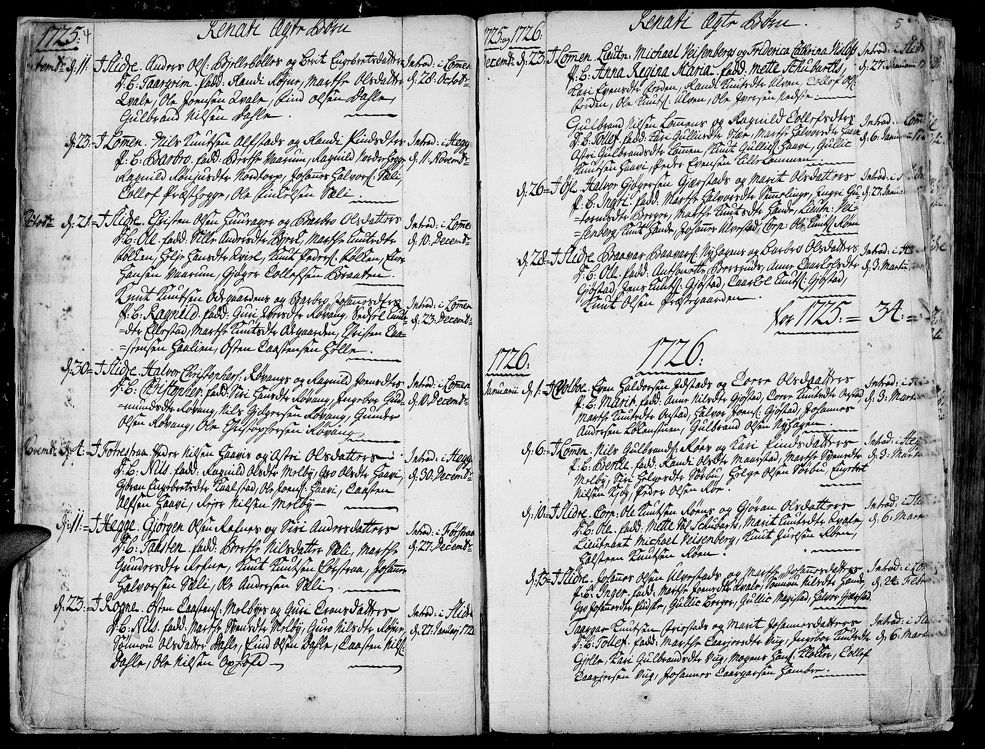 Slidre prestekontor, AV/SAH-PREST-134/H/Ha/Haa/L0001: Parish register (official) no. 1, 1724-1814, p. 4-5