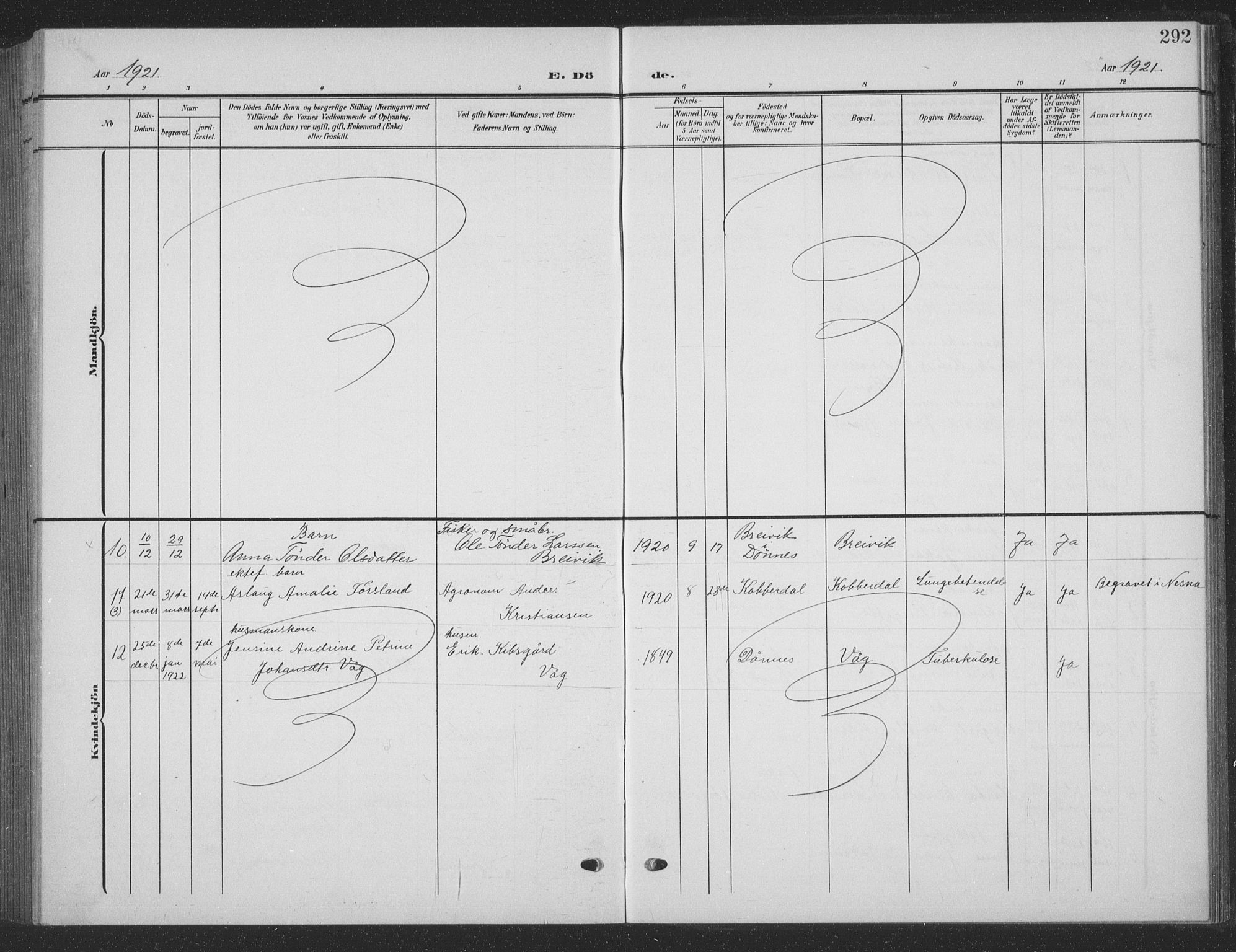 Ministerialprotokoller, klokkerbøker og fødselsregistre - Nordland, AV/SAT-A-1459/835/L0533: Parish register (copy) no. 835C05, 1906-1939, p. 292