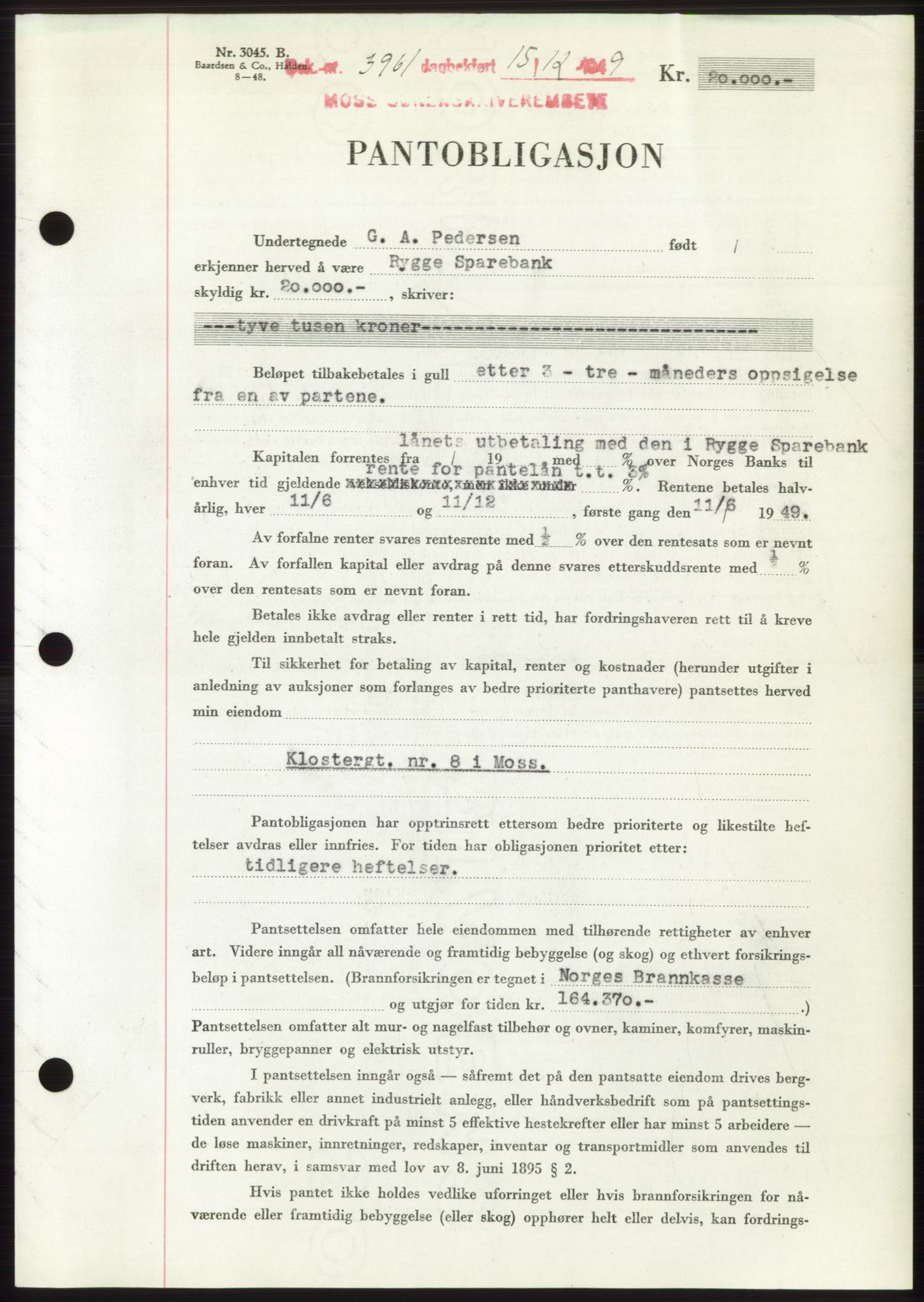 Moss sorenskriveri, SAO/A-10168: Mortgage book no. B23, 1949-1950, Diary no: : 3961/1949