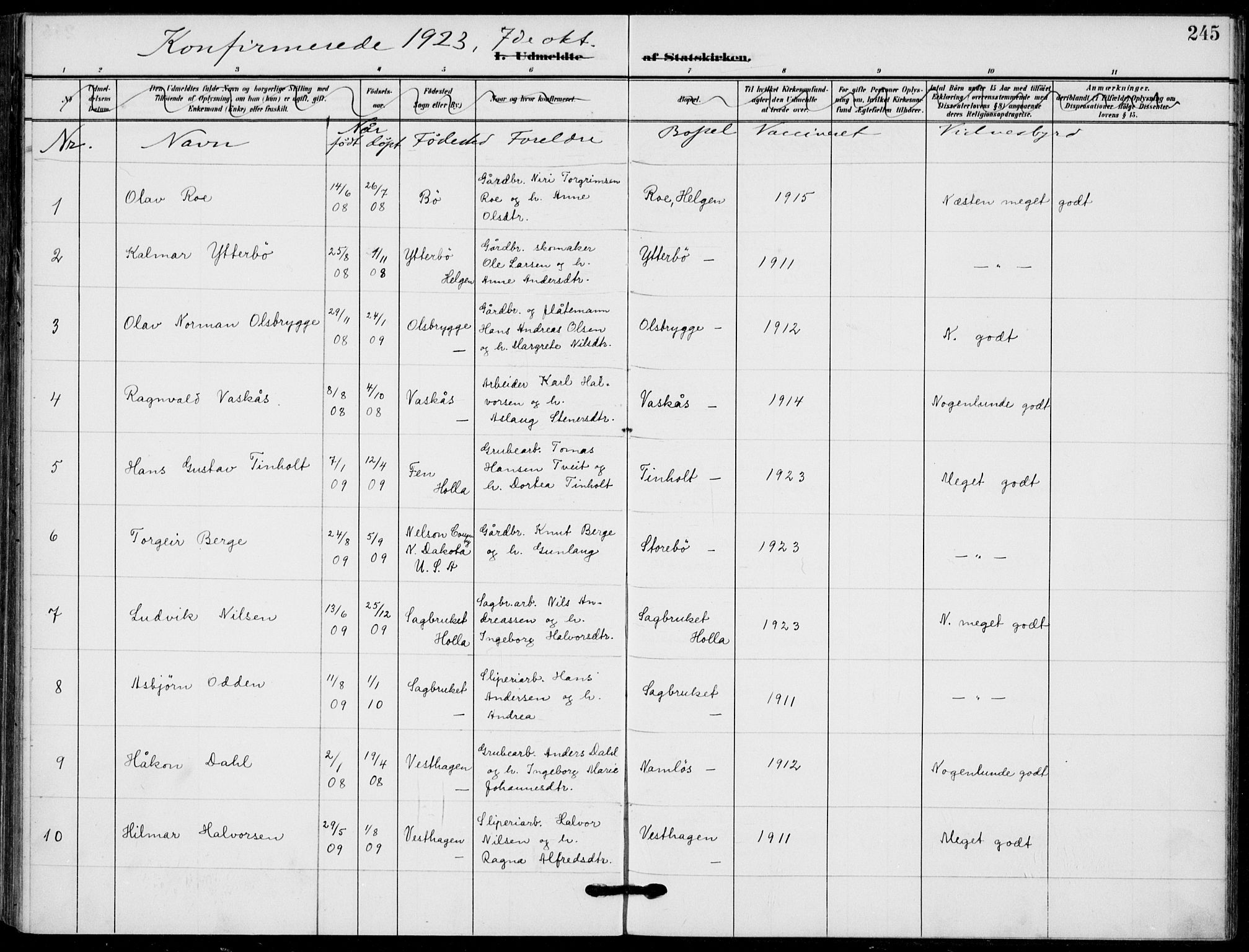 Holla kirkebøker, SAKO/A-272/F/Fa/L0012: Parish register (official) no. 12, 1907-1923, p. 245