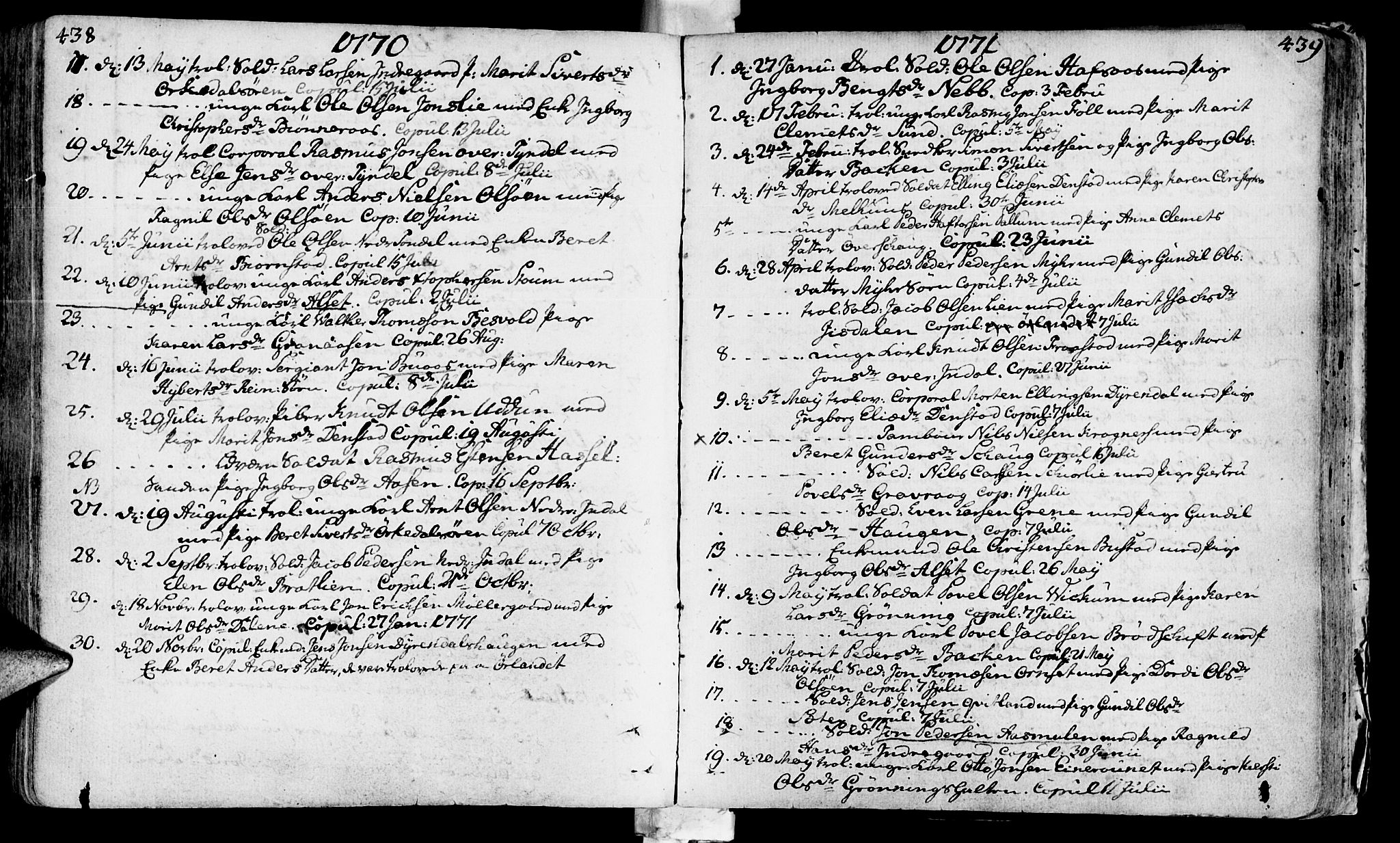 Ministerialprotokoller, klokkerbøker og fødselsregistre - Sør-Trøndelag, SAT/A-1456/646/L0605: Parish register (official) no. 646A03, 1751-1790, p. 438-439