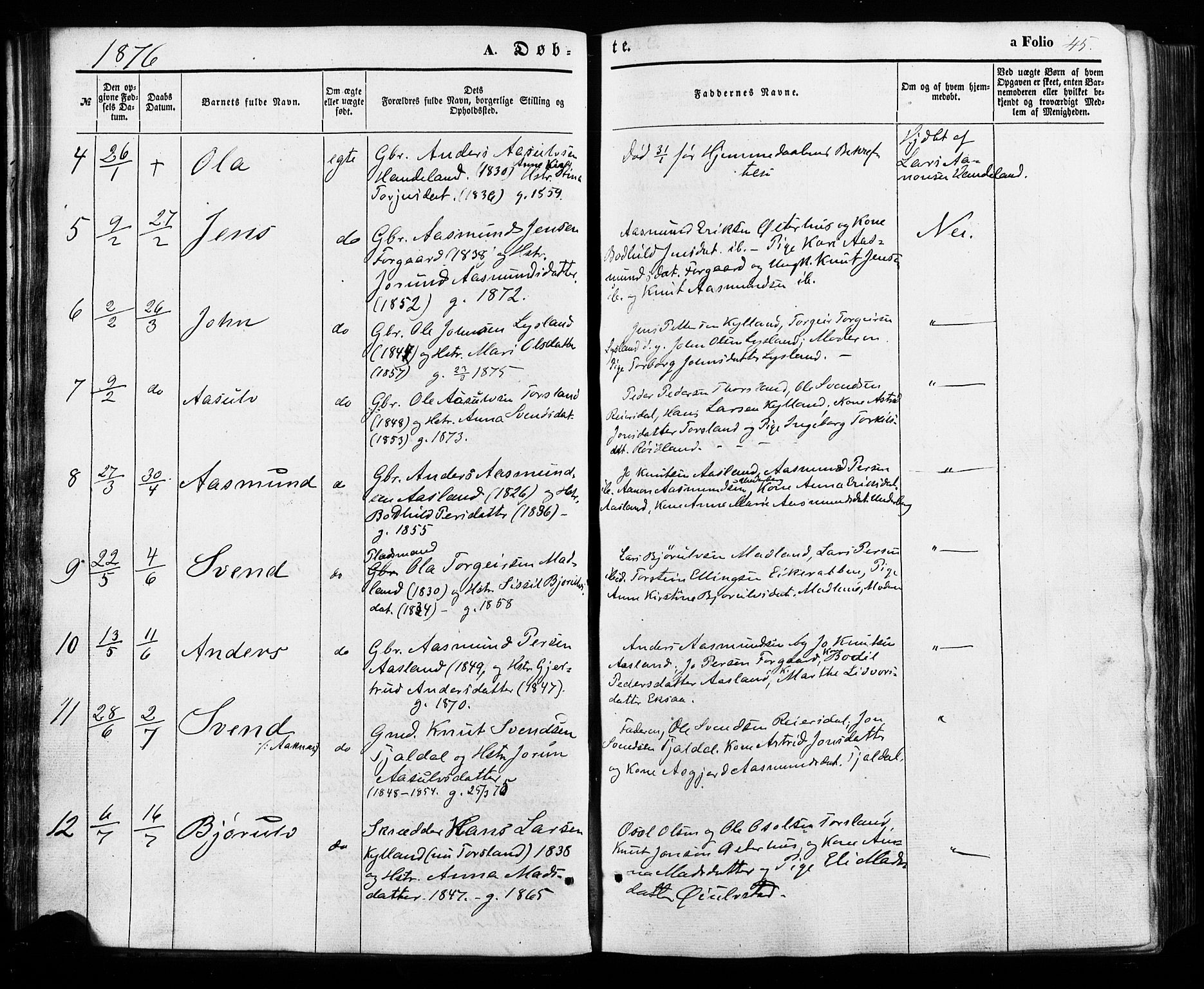 Åseral sokneprestkontor, AV/SAK-1111-0051/F/Fa/L0002: Parish register (official) no. A 2, 1854-1884, p. 45