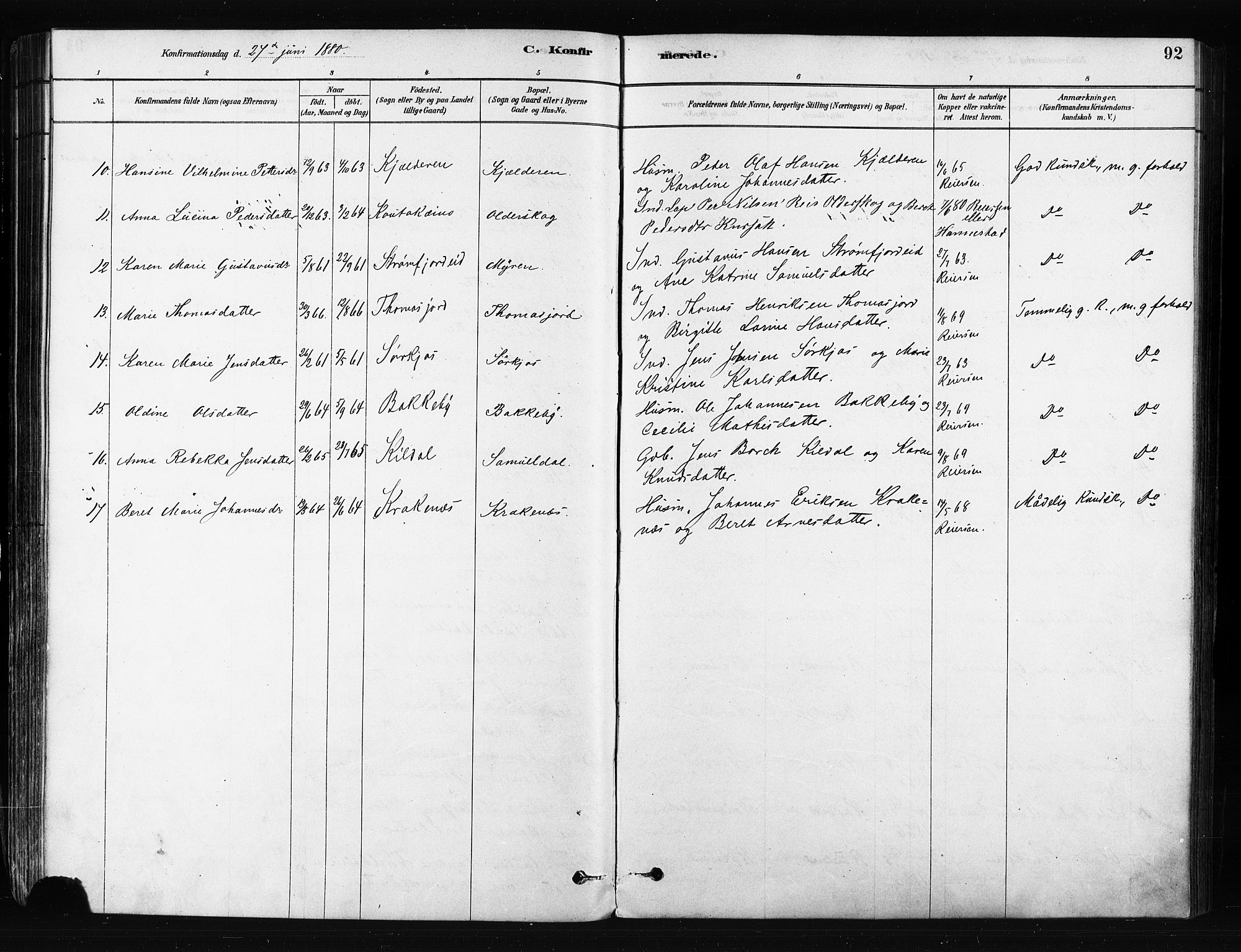 Skjervøy sokneprestkontor, SATØ/S-1300/H/Ha/Haa/L0014kirke: Parish register (official) no. 14, 1878-1894, p. 92