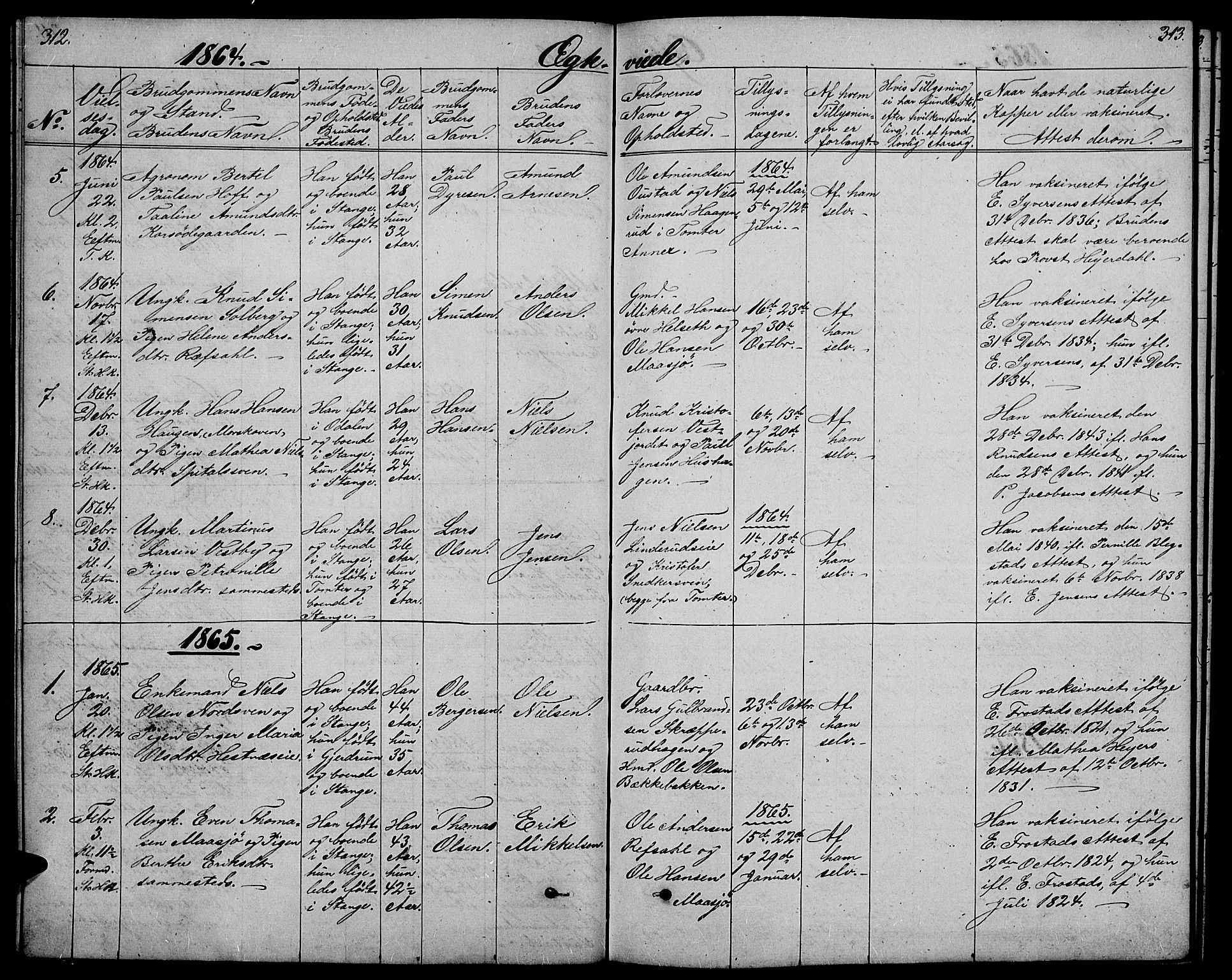 Stange prestekontor, SAH/PREST-002/L/L0005: Parish register (copy) no. 5, 1861-1881, p. 312-313