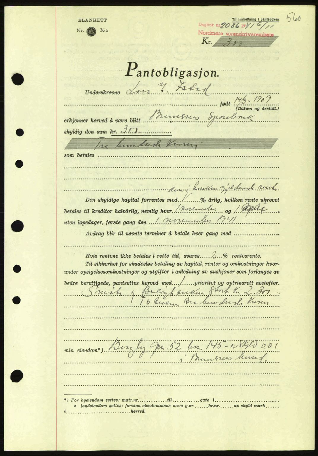 Nordmøre sorenskriveri, AV/SAT-A-4132/1/2/2Ca: Mortgage book no. B88, 1941-1942, Diary no: : 2086/1941