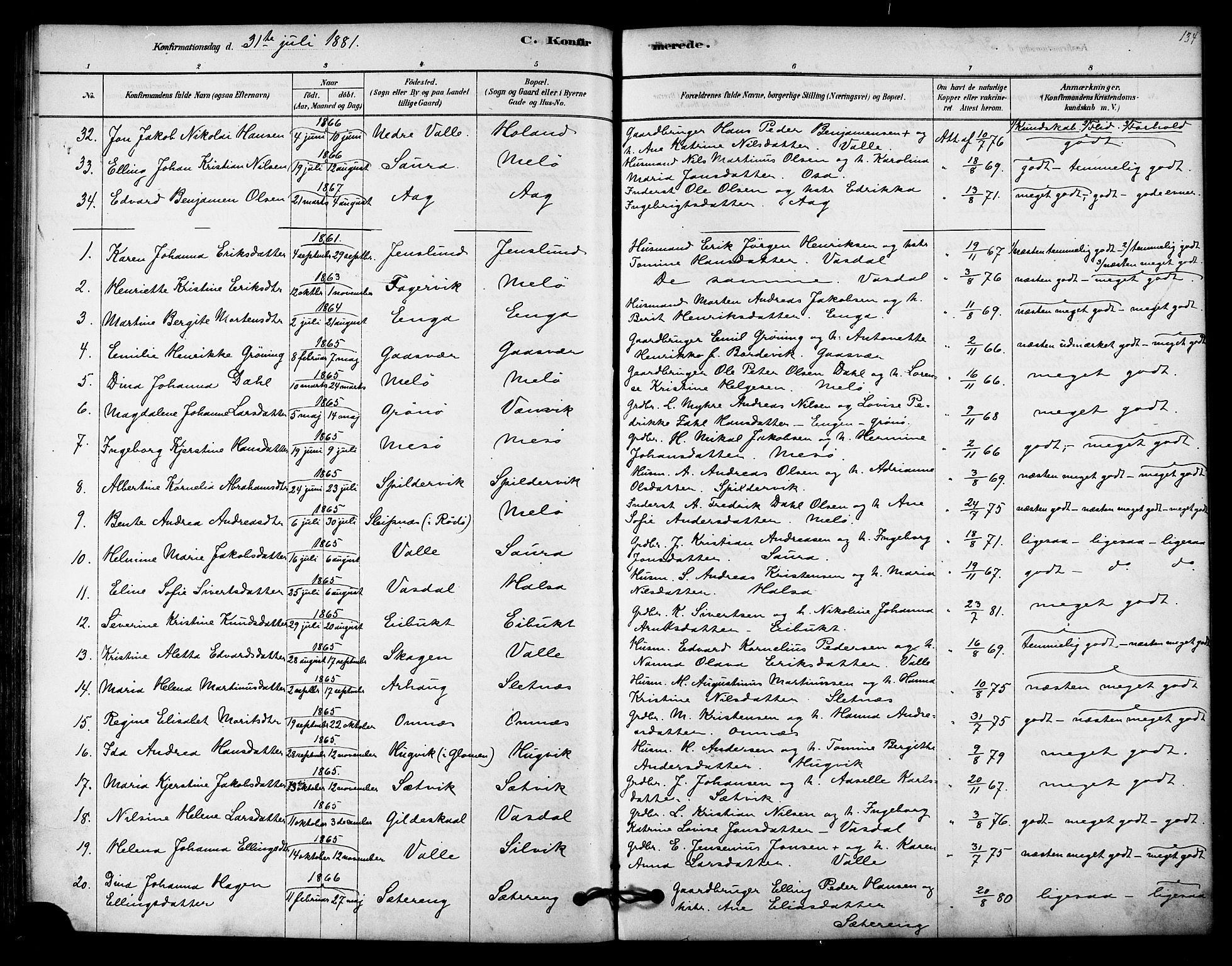 Ministerialprotokoller, klokkerbøker og fødselsregistre - Nordland, AV/SAT-A-1459/843/L0626: Parish register (official) no. 843A01, 1878-1907, p. 134