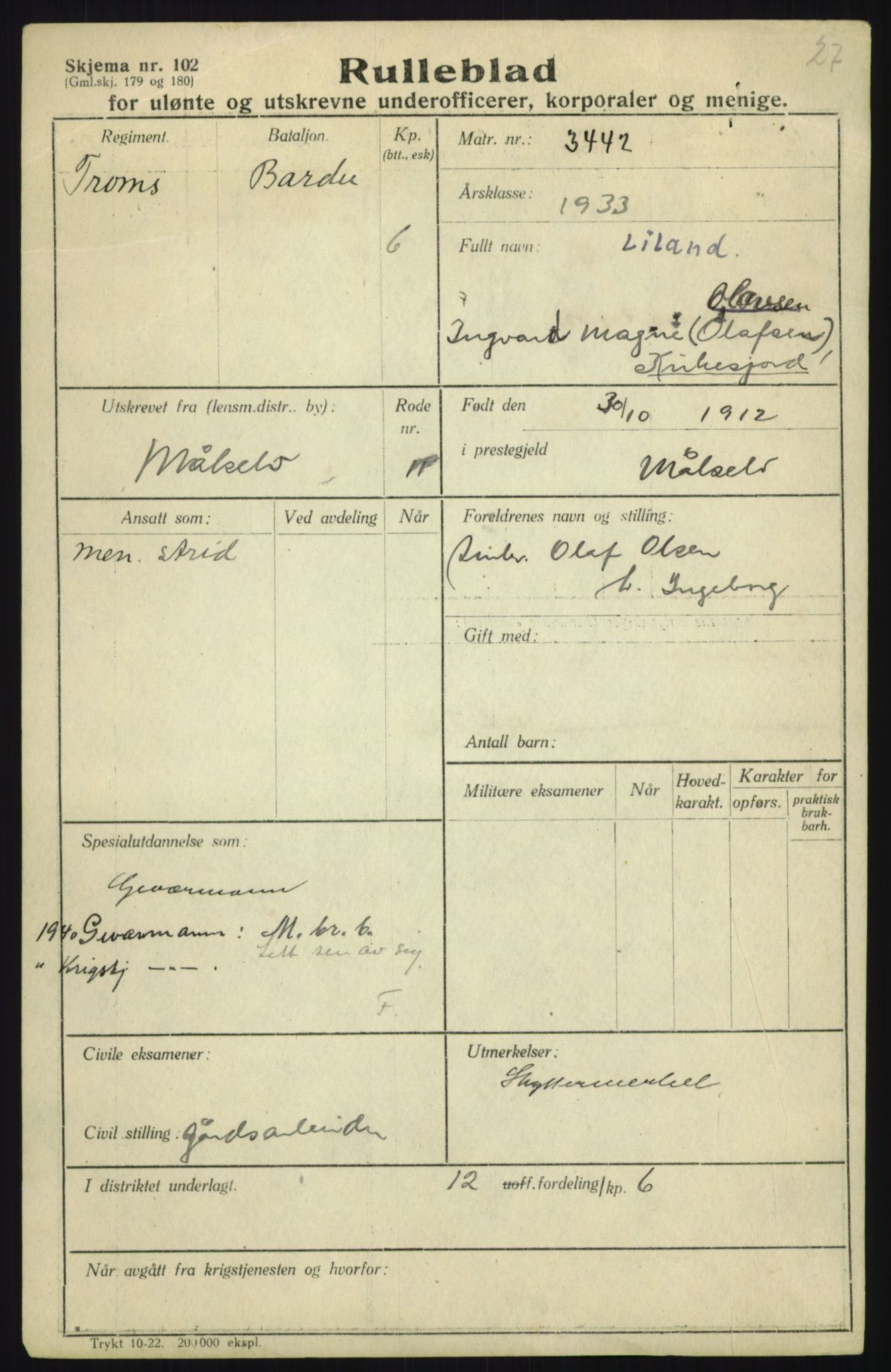 Forsvaret, Troms infanteriregiment nr. 16, AV/RA-RAFA-3146/P/Pa/L0017: Rulleblad for regimentets menige mannskaper, årsklasse 1933, 1933, p. 909