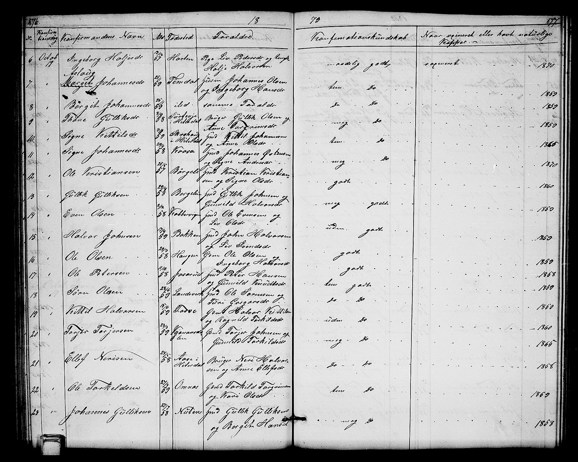 Hjartdal kirkebøker, SAKO/A-270/G/Gb/L0002: Parish register (copy) no. II 2, 1854-1884, p. 176-177