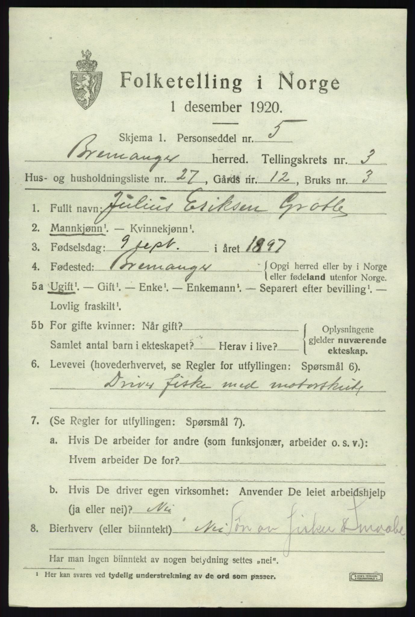 SAB, 1920 census for Bremanger, 1920, p. 2756