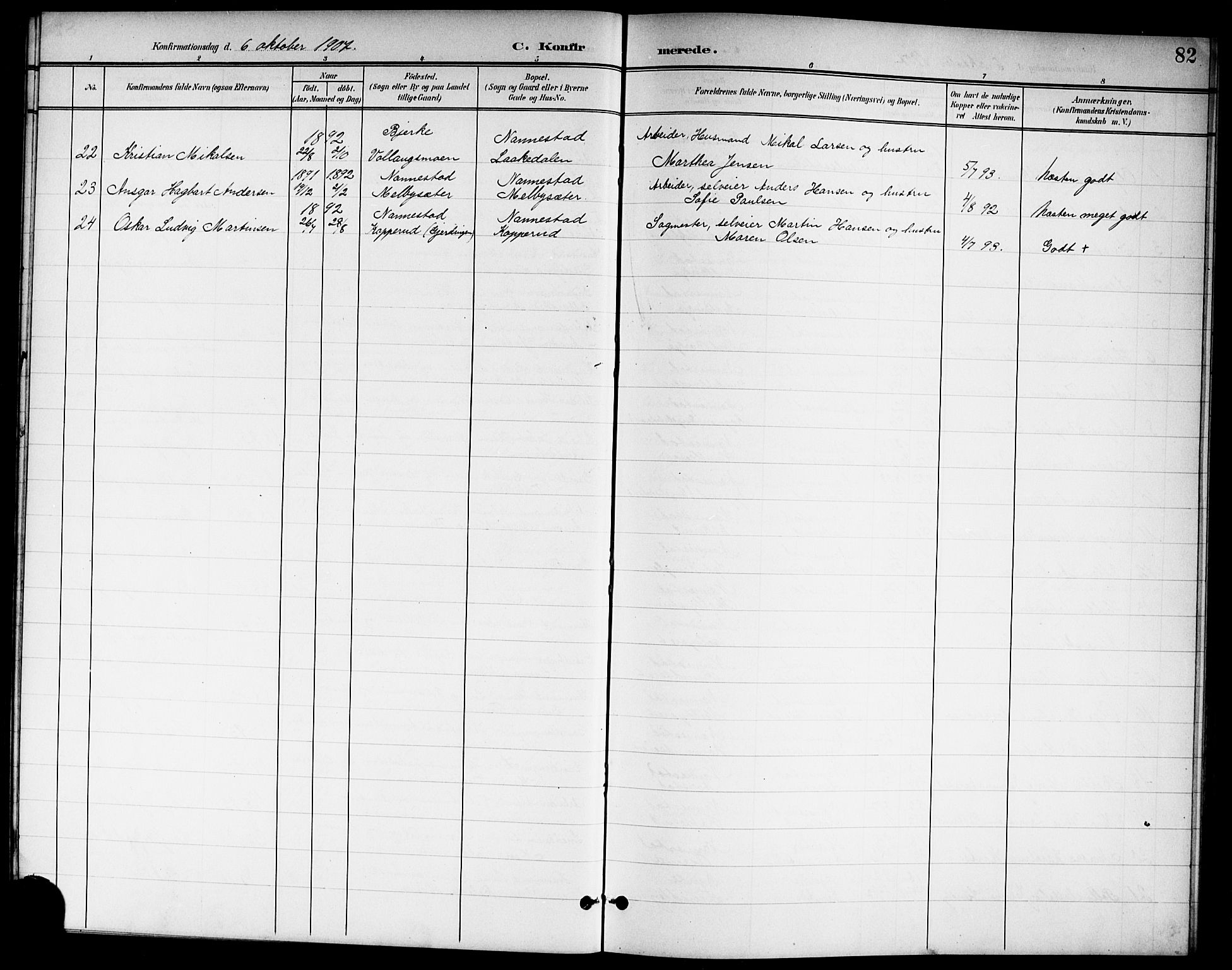 Nannestad prestekontor Kirkebøker, SAO/A-10414a/G/Ga/L0002: Parish register (copy) no. I 2, 1901-1913, p. 82